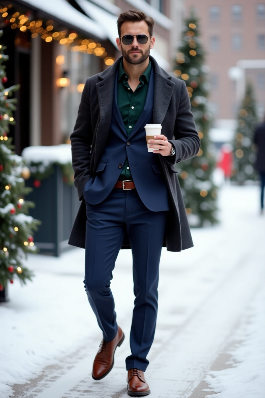 A man in a navy blue wool suit paired with a deep green shirt, layered with a charcoal overcoat and brown leather boots.