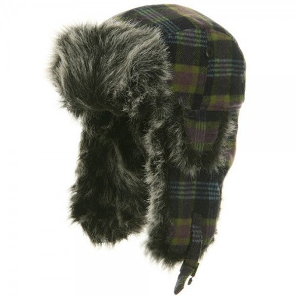 Poly Wool Plaid Trooper Hat - Navy Blue Green