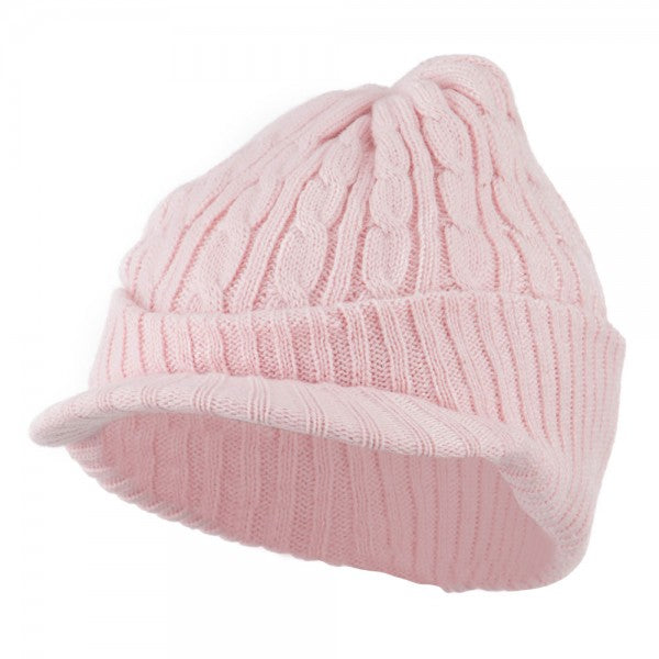 Twist Knitted Cuff Beanie with Visor - Pink