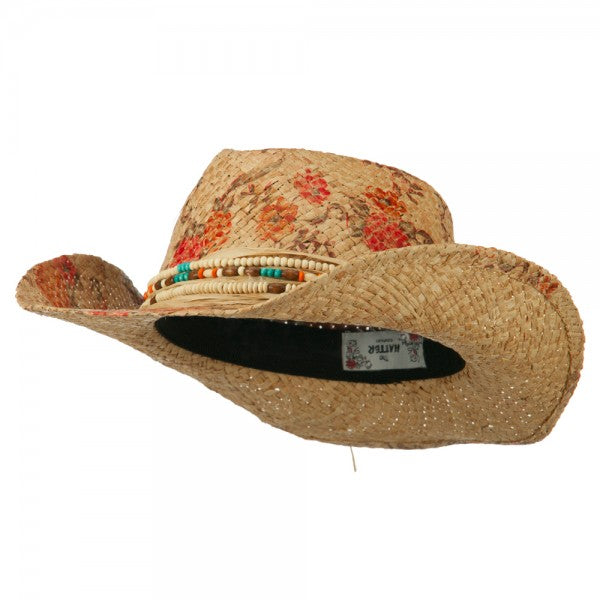 Flower Print Raffia Cowboy Hat - Tan