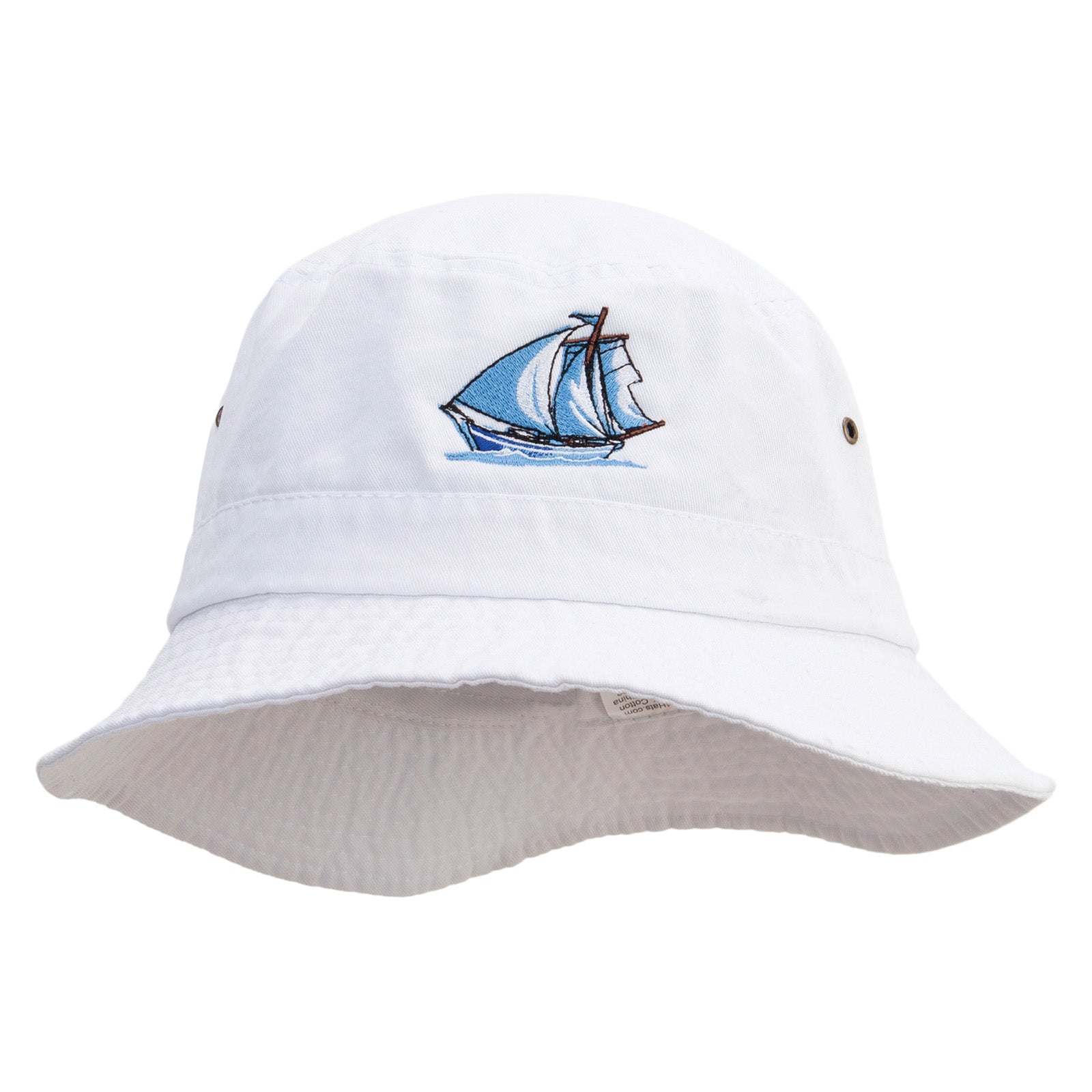 Blue Sail Boat Embroidered Big Size Washed Bucket Hat