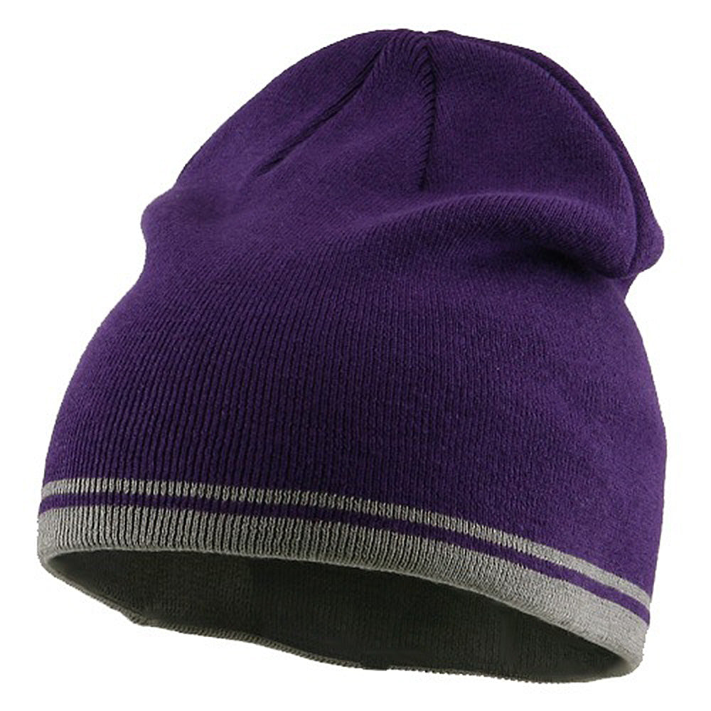 Acrylic Cotton Striped Knit Beanie - Purple Grey OSFM