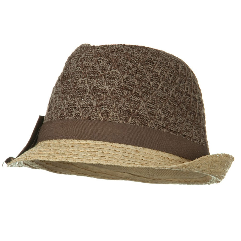 Cloth Raffia Knit Crown Ribbon Bow Fedora - Brown OSFM