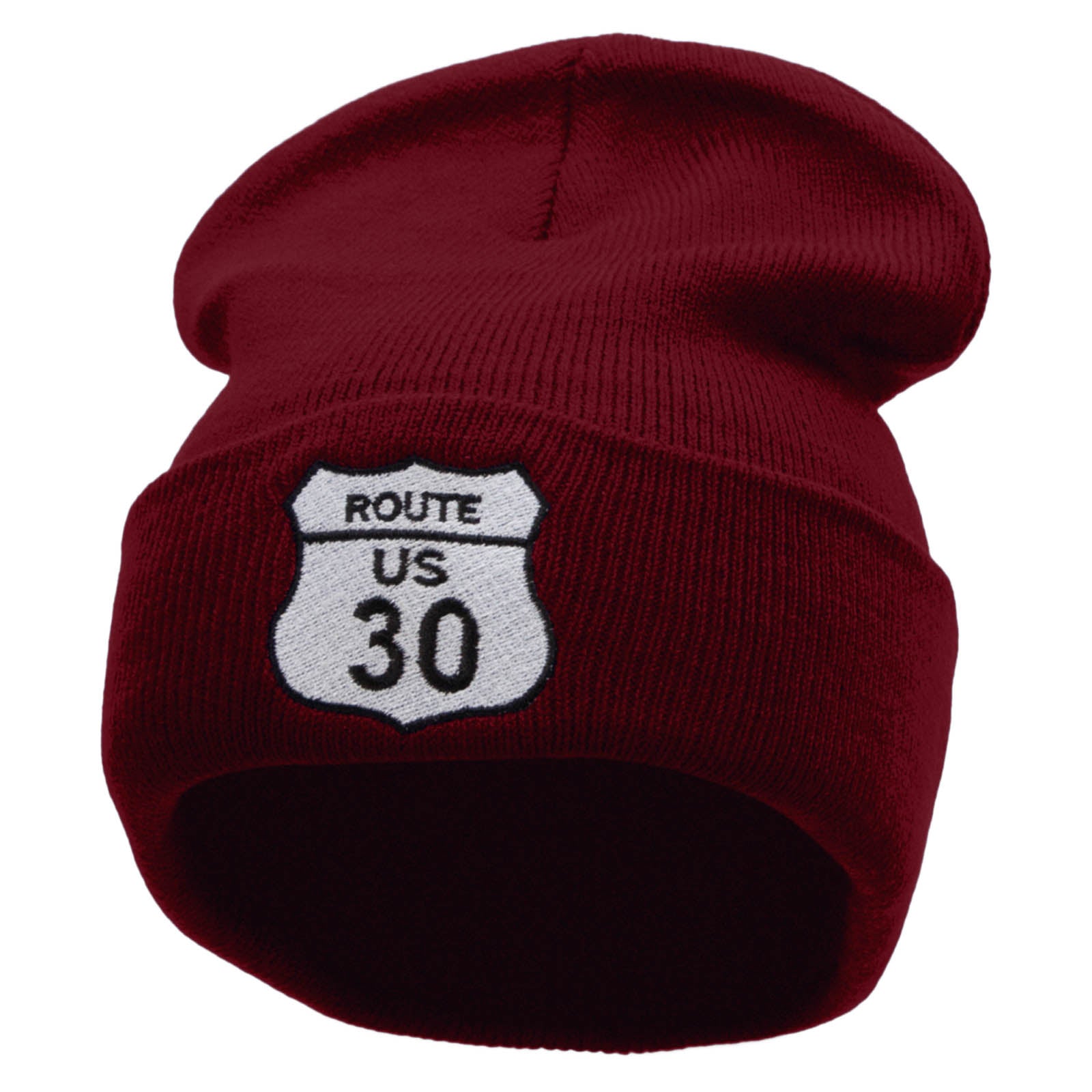 Route US 30 Embroidered 12 Inch Long Knitted Beanie - Maroon OSFM