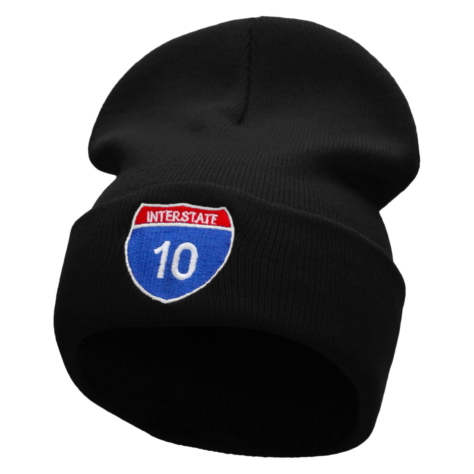 Interstate 10 Sign Embroidered 12 Inch Long Knitted Beanie - Black OSFM