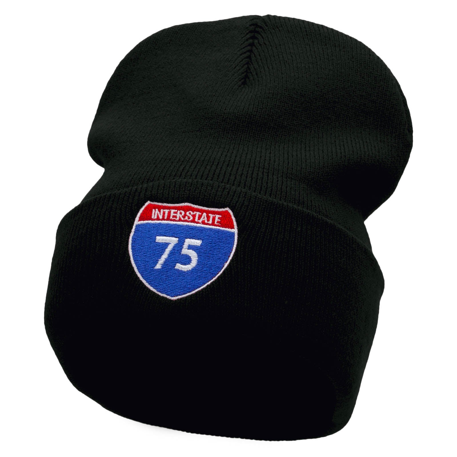 Interstate Highway 75 Sign Embroidered 12 Inch Long Knitted Beanie - Black OSFM