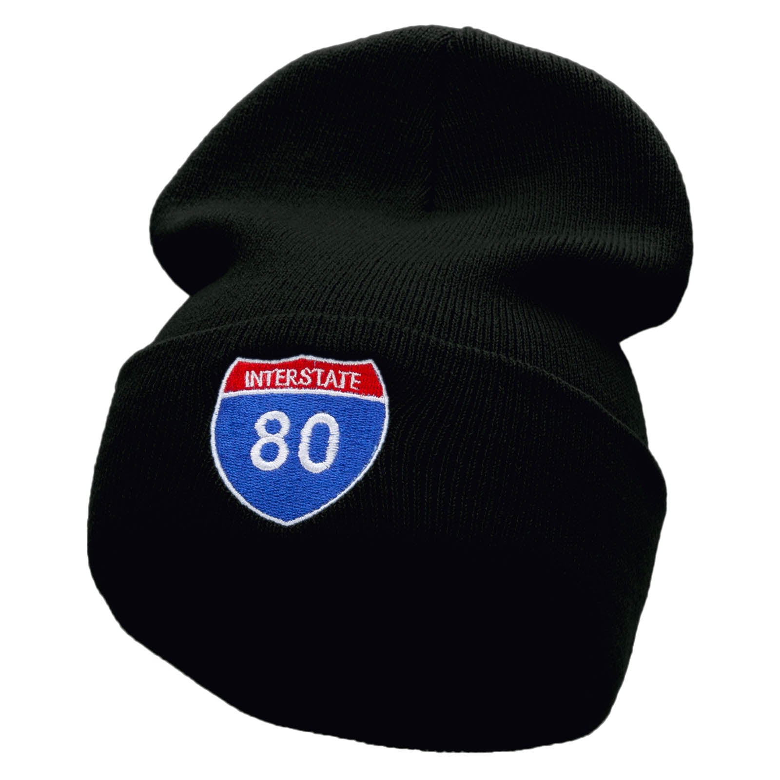 Interstate Highway 80 sign Embroidered 12 Inch Long Knitted Beanie - Black OSFM