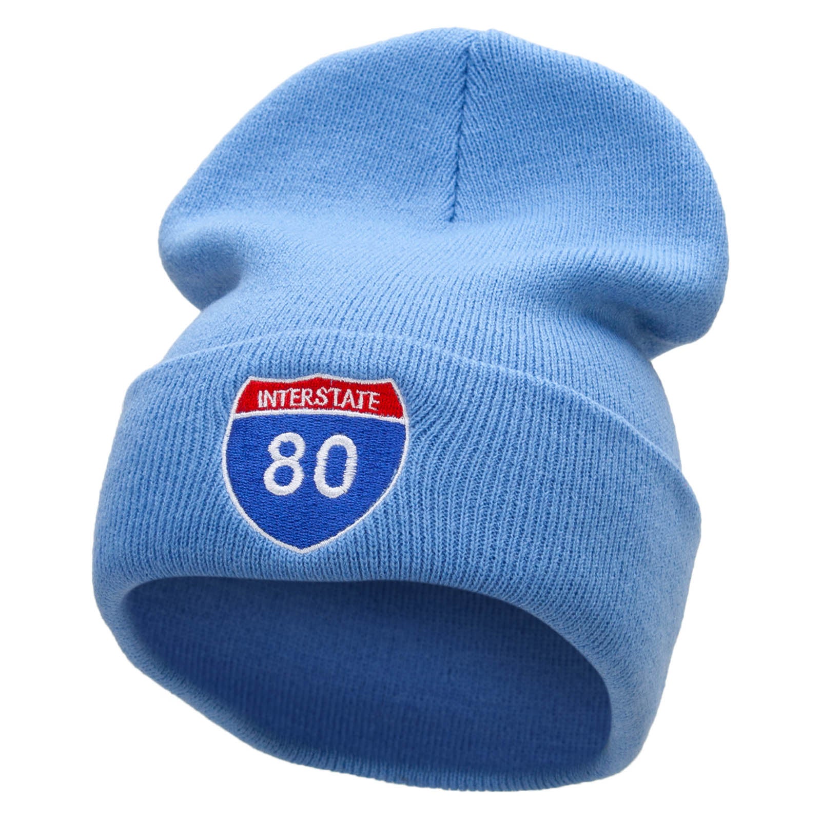 Interstate Highway 80 sign Embroidered 12 Inch Long Knitted Beanie - Sky Blue OSFM