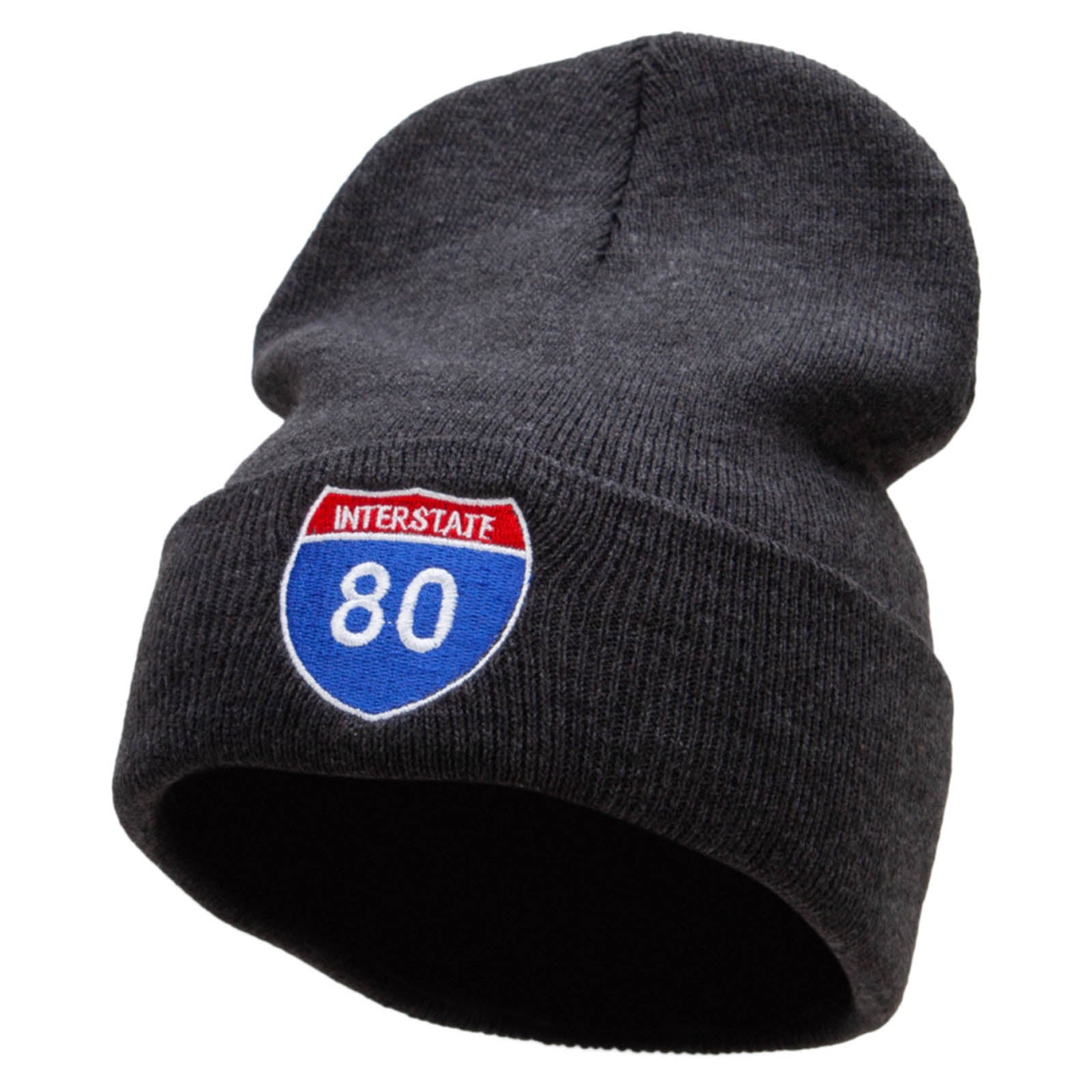 Interstate Highway 80 sign Embroidered 12 Inch Long Knitted Beanie - Heather Charcoal OSFM