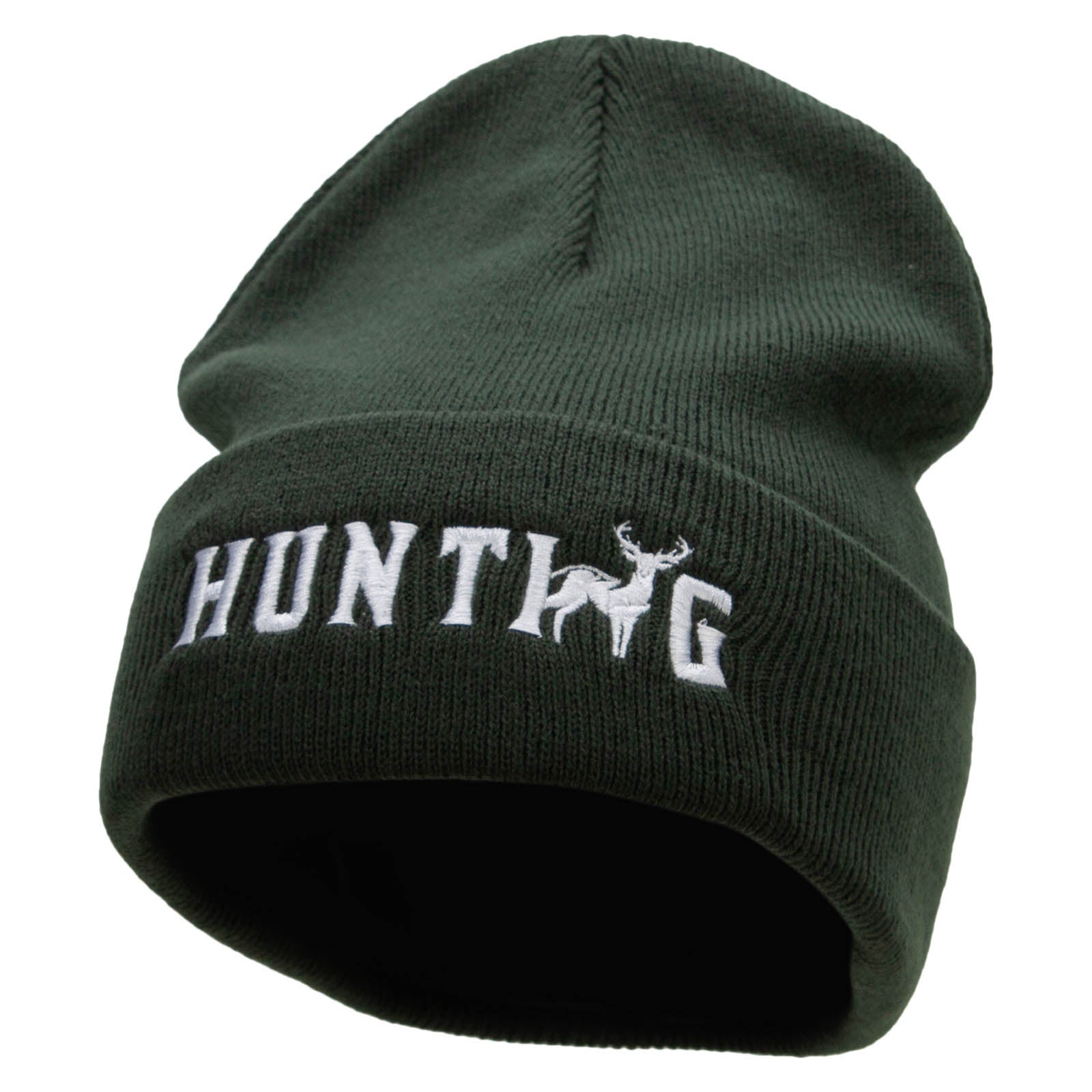 Hunting Deer Embroidered 12 Inch Long Knitted Beanie - Olive OSFM