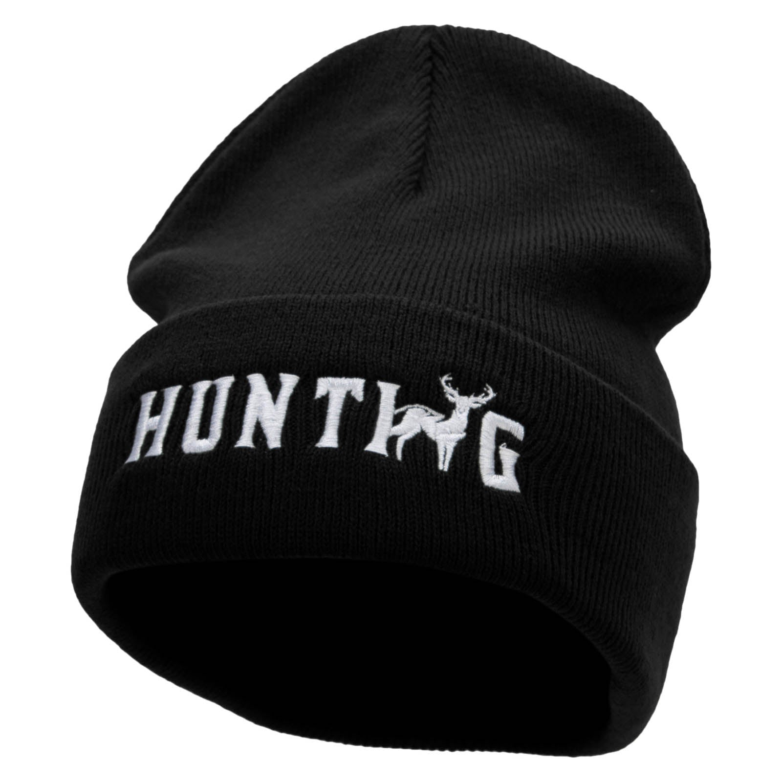 Hunting Deer Embroidered 12 Inch Long Knitted Beanie - Black OSFM