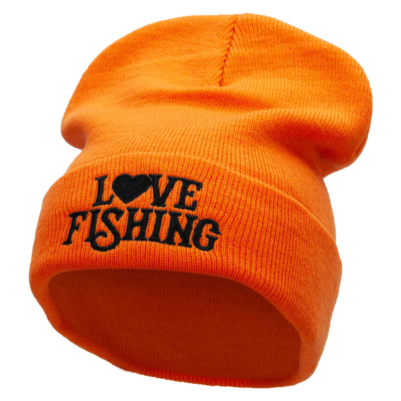 Heart Fishing Embroidered 12 Inch Long Knitted Beanie - Orange OSFM