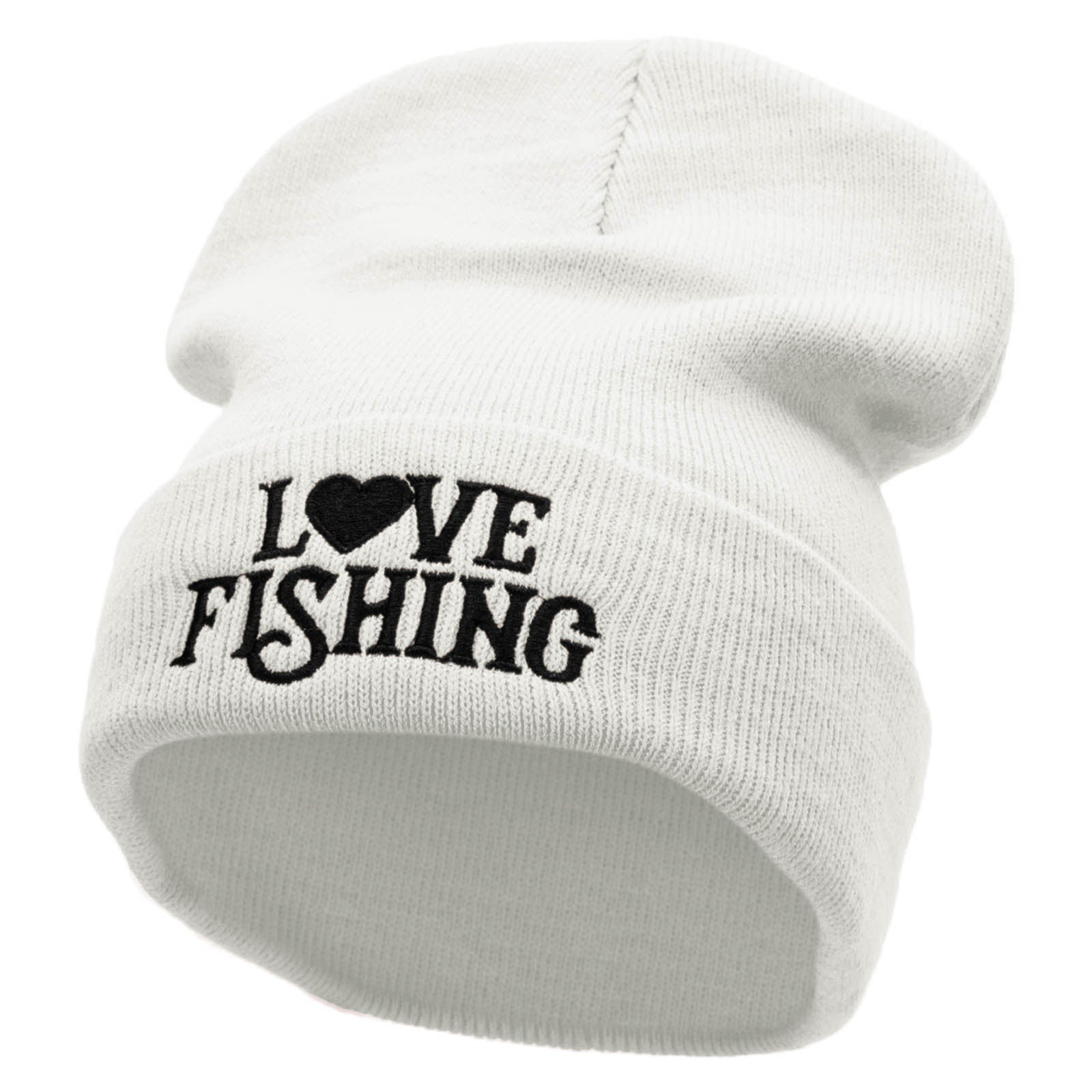 Heart Fishing Embroidered 12 Inch Long Knitted Beanie - White OSFM