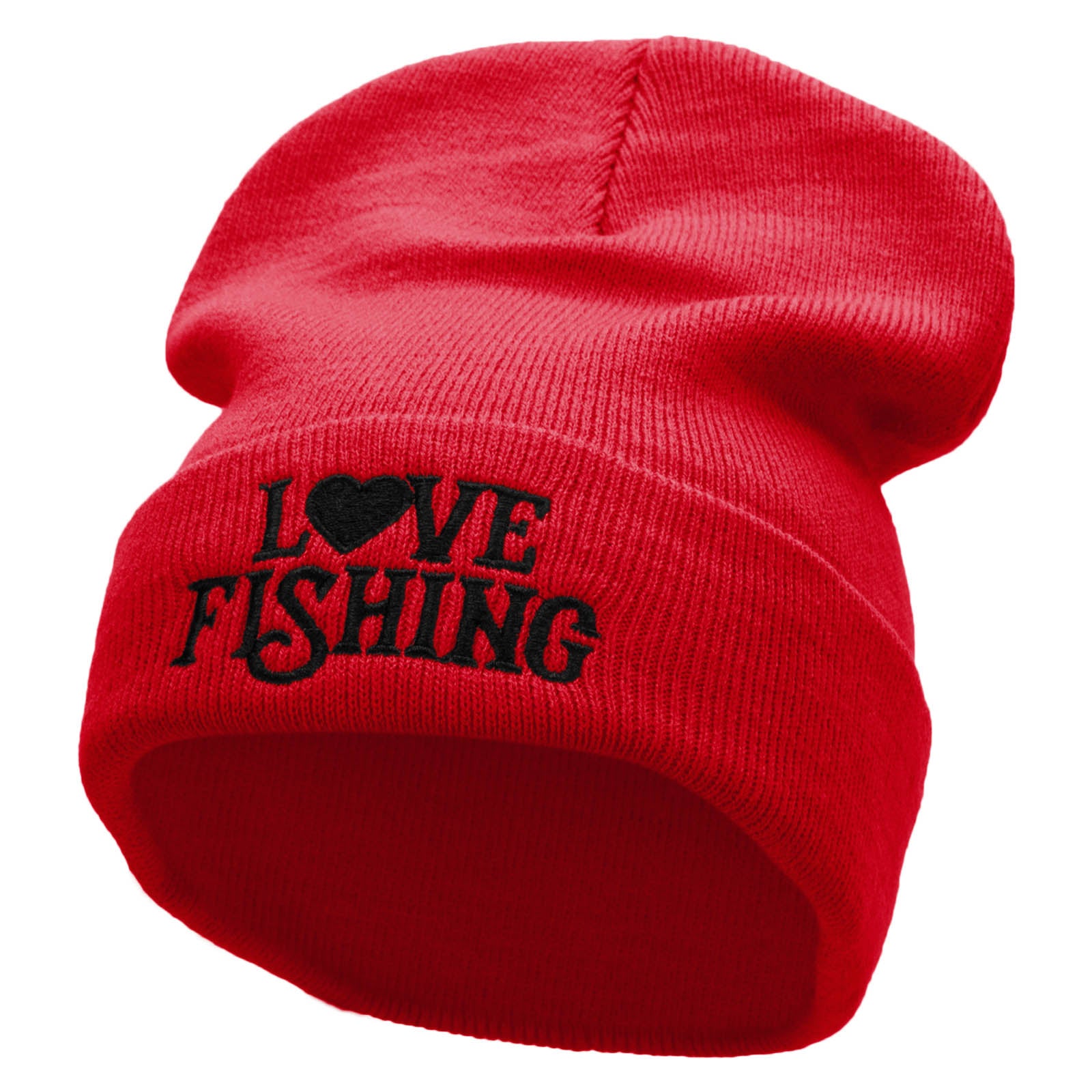 Heart Fishing Embroidered 12 Inch Long Knitted Beanie - Red OSFM