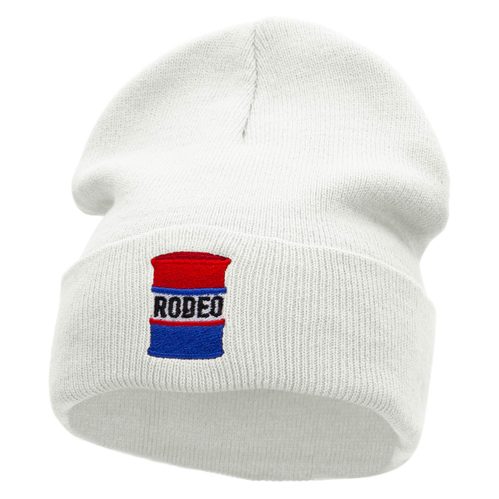 Rodeo Barrel  Symbol Embroidered 12 inch Acrylic Cuffed Long Beanie - White OSFM