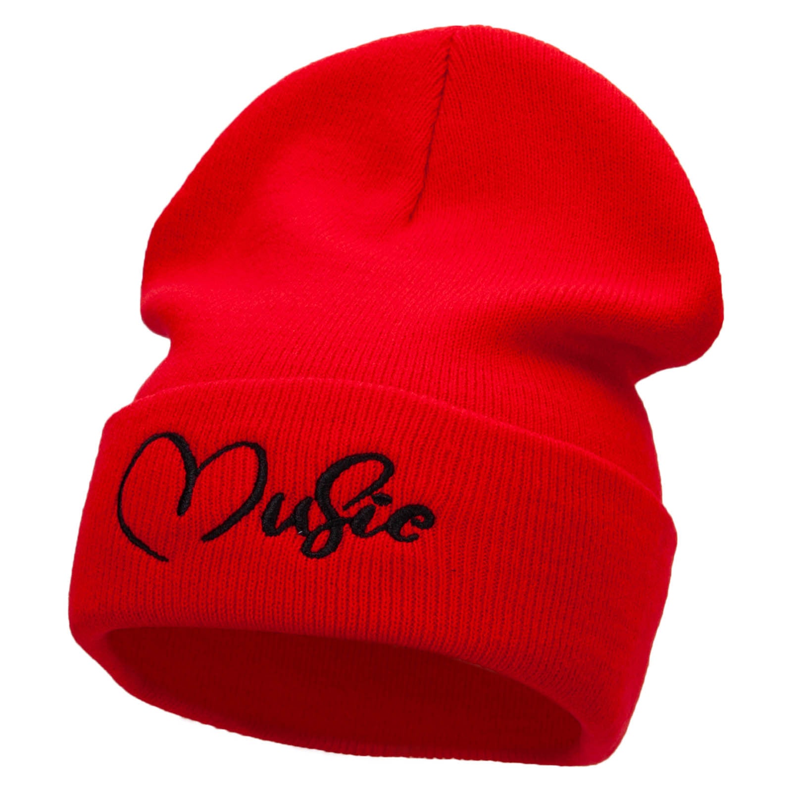 Music Calligraphy Embroidered 12 Inch Long Knitted Beanie - Red OSFM