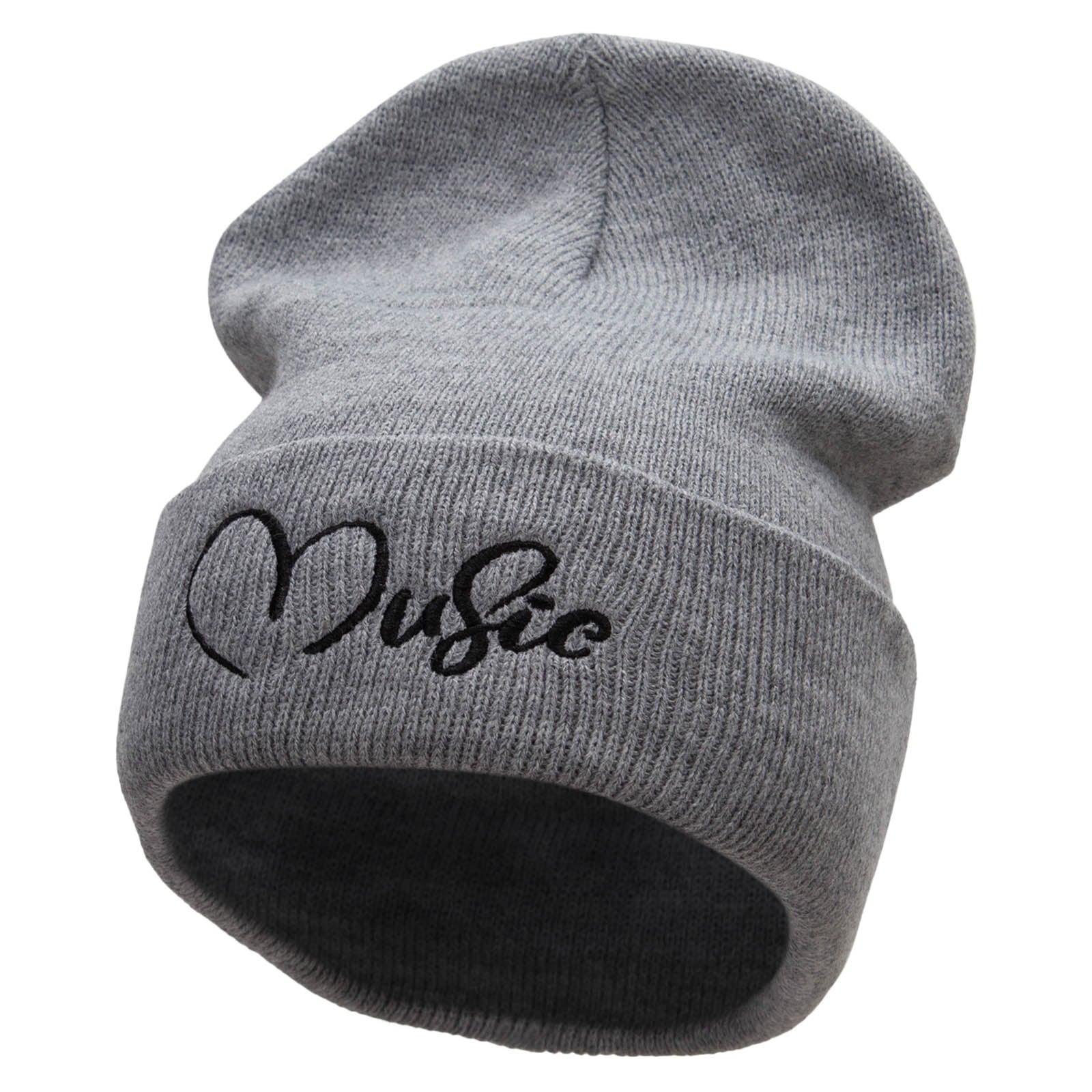 Music Calligraphy Embroidered 12 Inch Long Knitted Beanie - Heather Grey OSFM