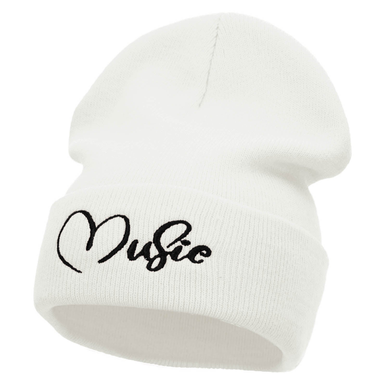 Music Calligraphy Embroidered 12 Inch Long Knitted Beanie - White OSFM