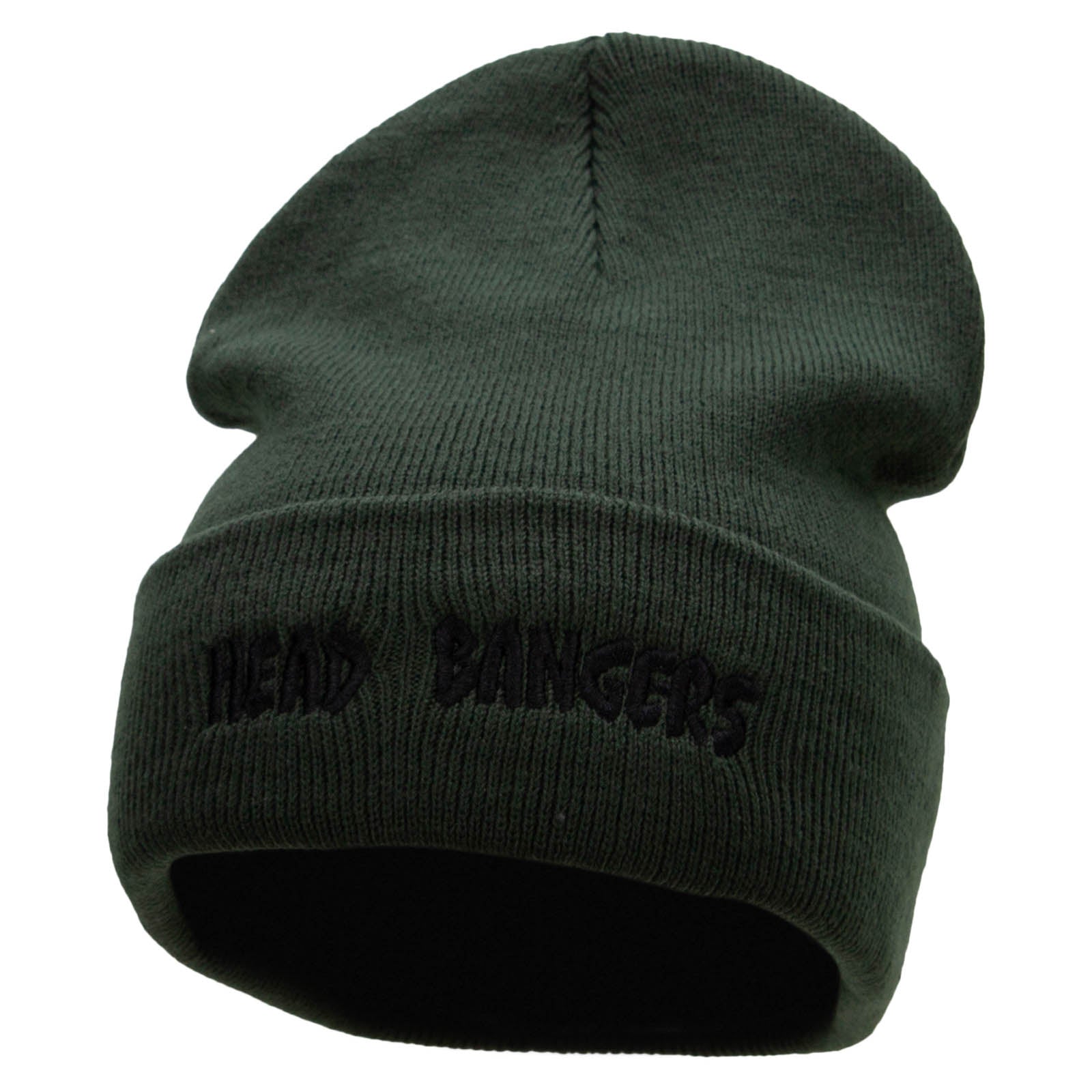 Head Bangers Embroidered 12 Inch Long Knitted Beanie - Olive OSFM