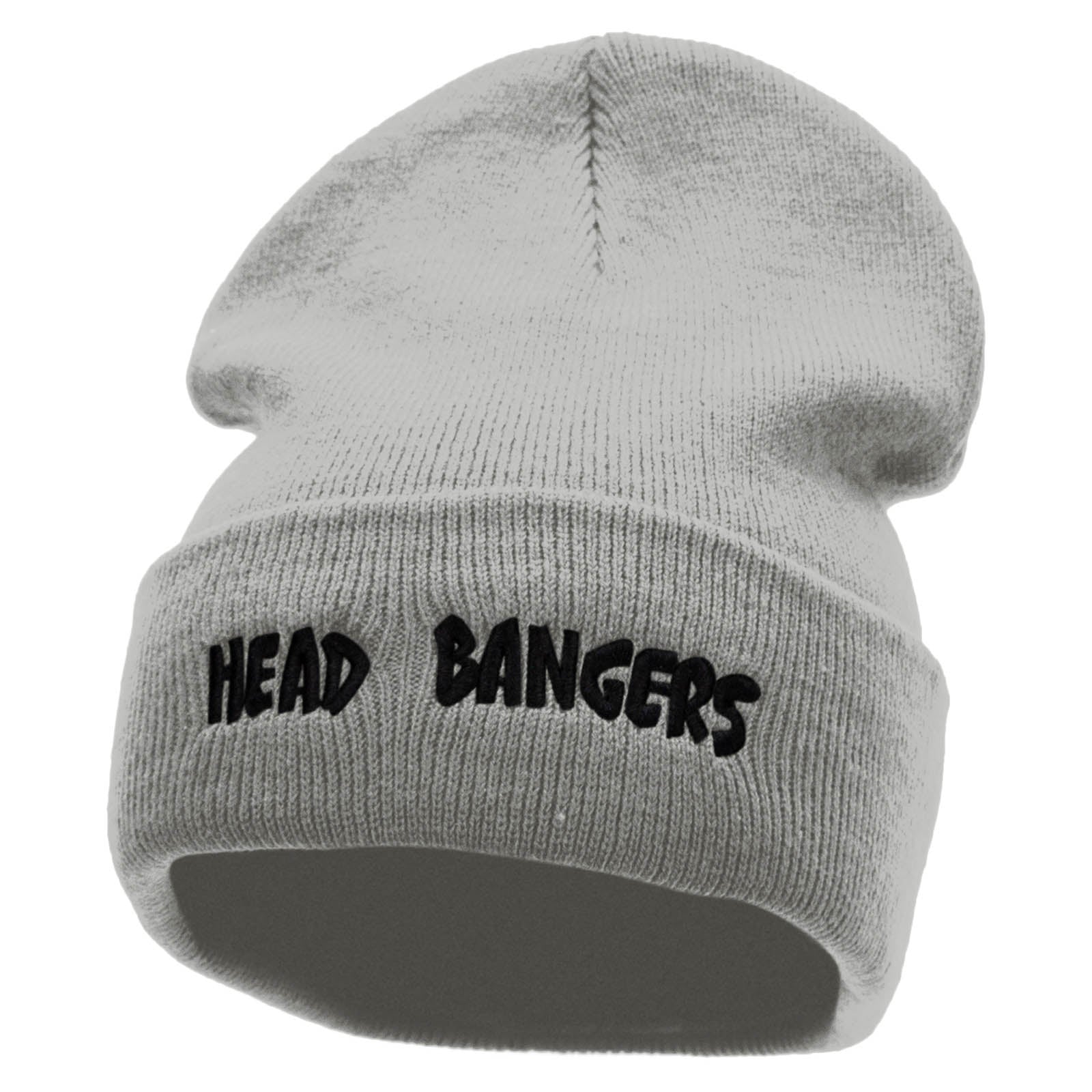 Head Bangers Embroidered 12 Inch Long Knitted Beanie - Heather Grey OSFM