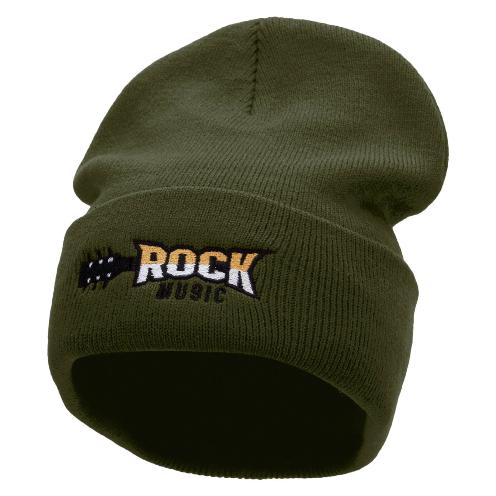 Classic Rock Embroidered 12 Inch Long Knitted Beanie - Olive OSFM