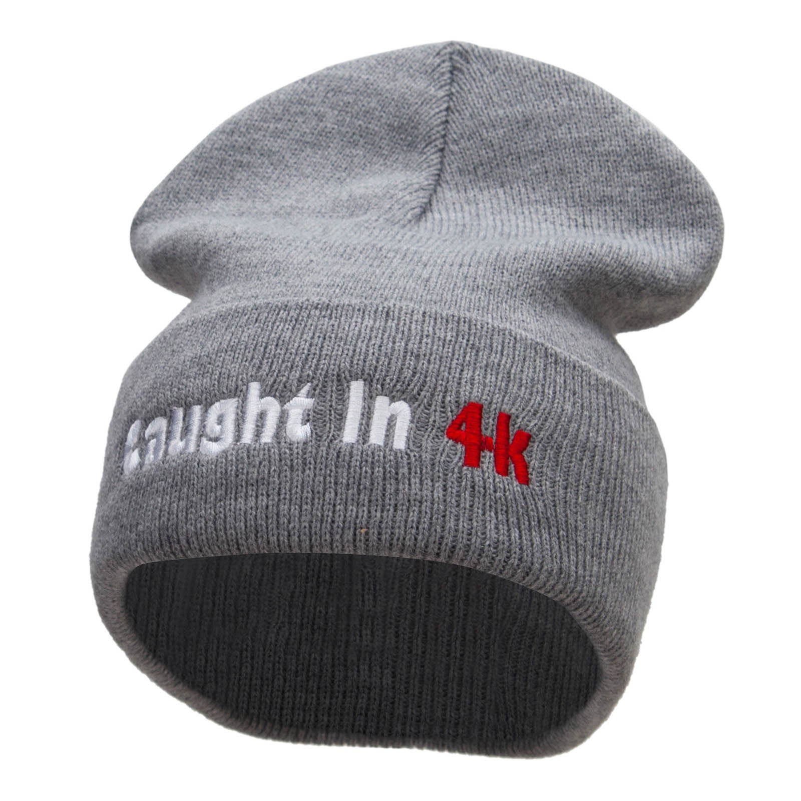 Caught in 4k Embroidered 12 Inch Long Knitted Beanie - Heather Grey OSFM
