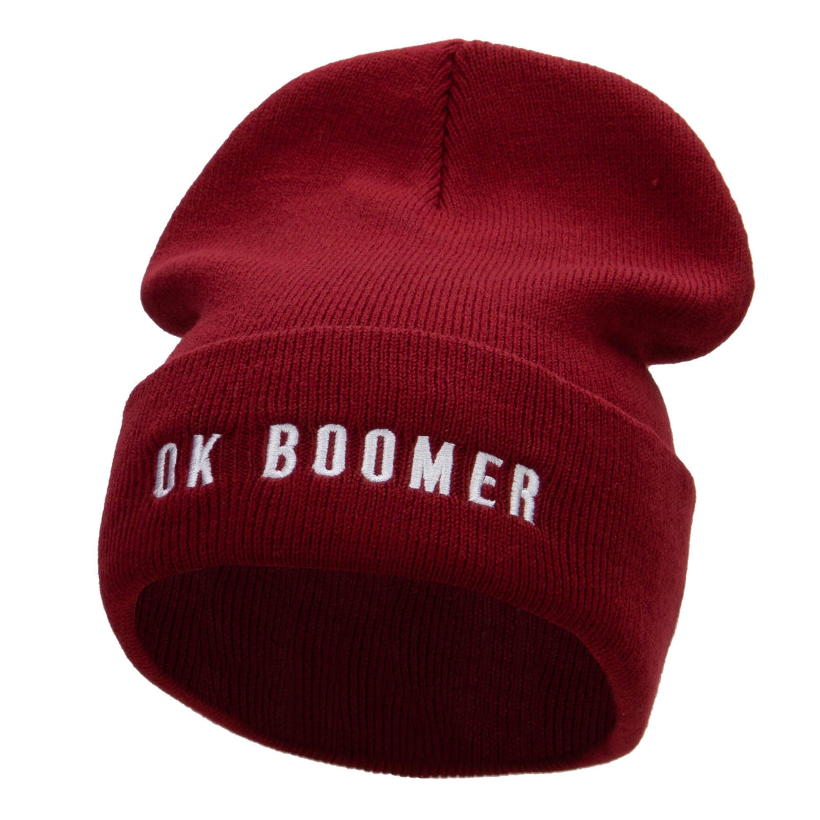 OK BOOMER Embroidered 12 Inch Long Knitted Beanie - Maroon OSFM