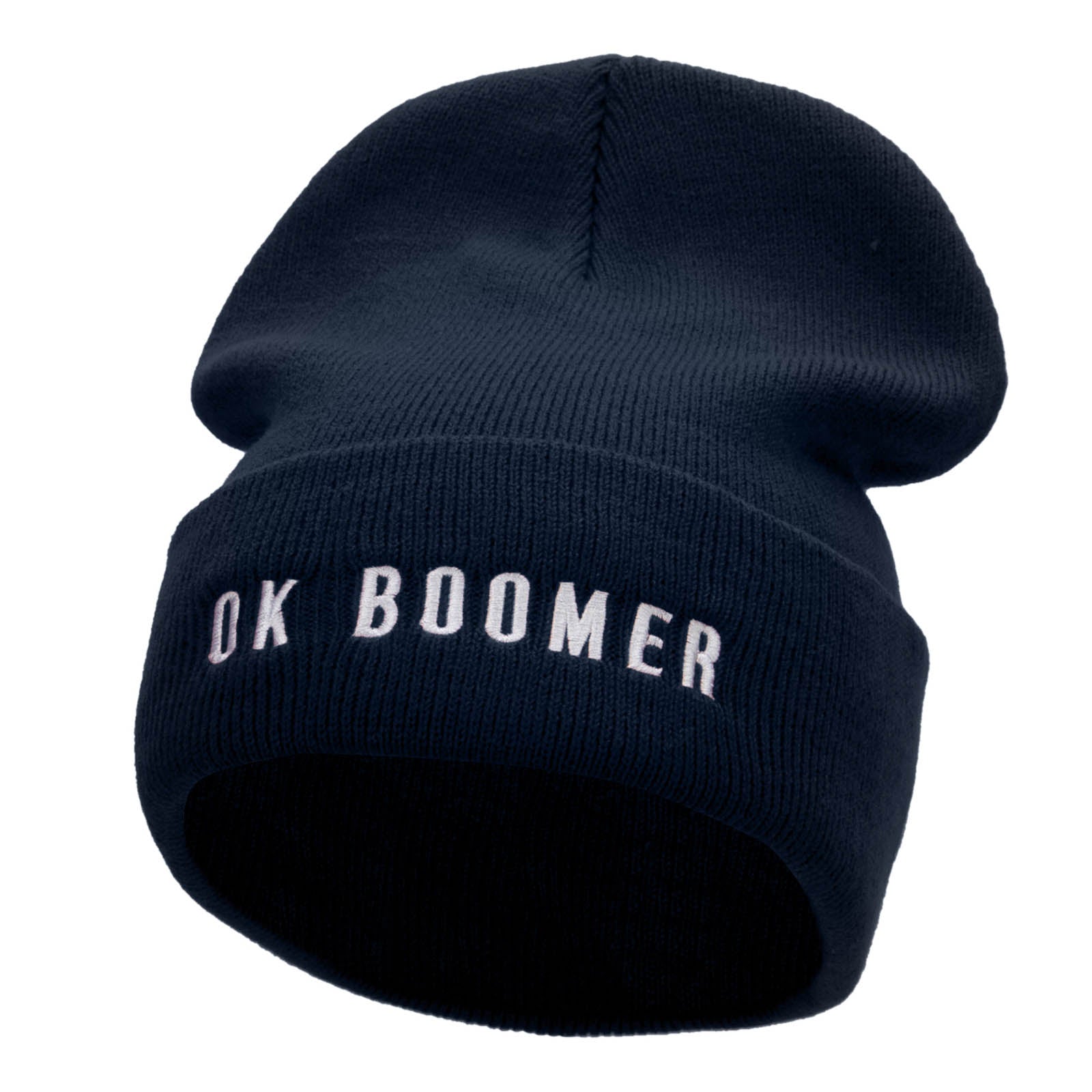 OK BOOMER Embroidered 12 Inch Long Knitted Beanie - Navy OSFM