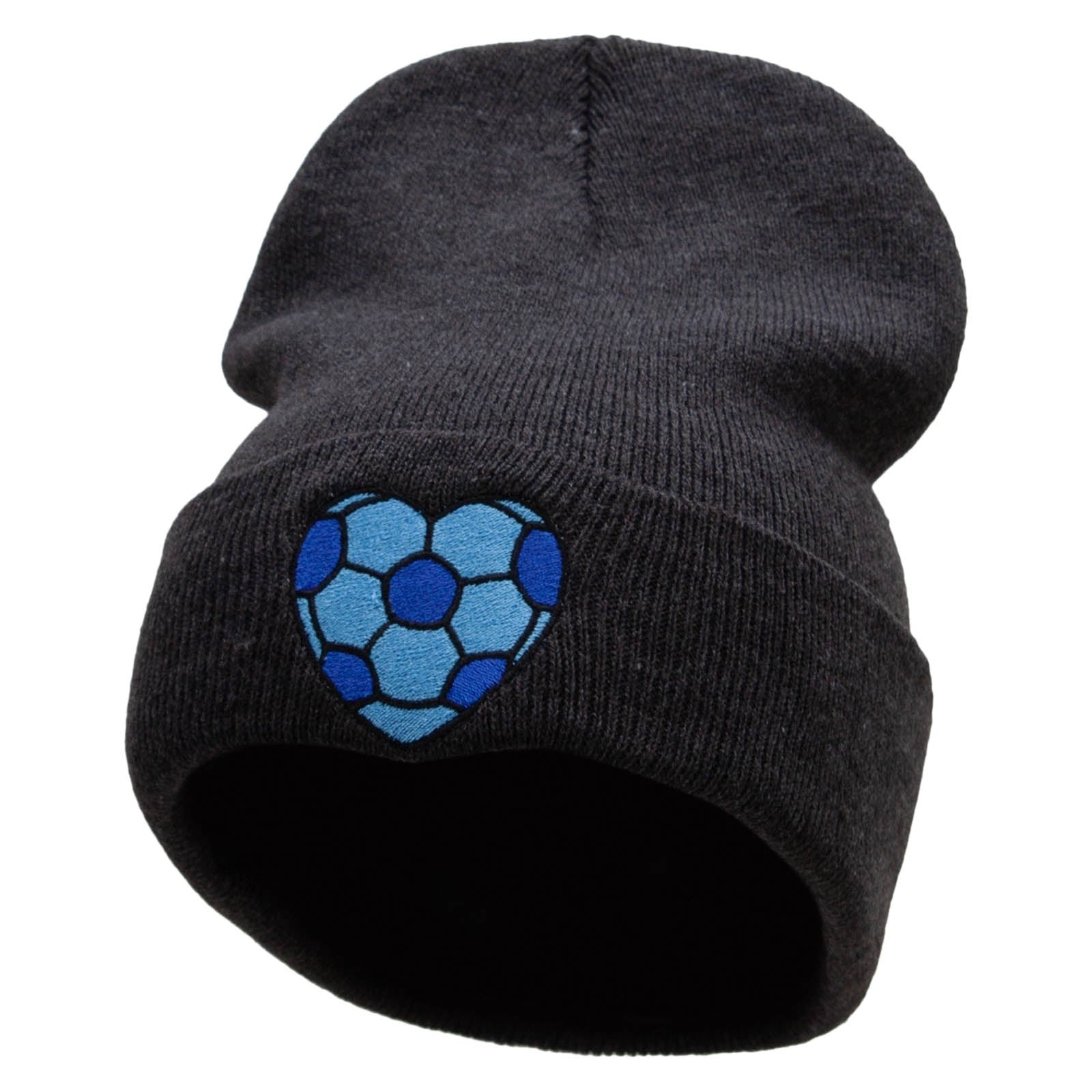 Soccer Heart Embroidered 12 Inch Long Knitted Beanie - Heather Charcoal OSFM