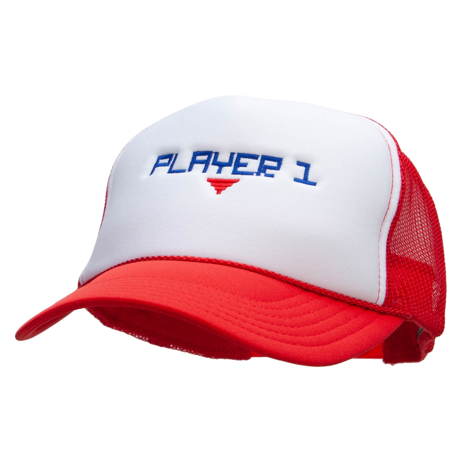 Player 1 Embroidered Foam Panel Mesh Snapback - White Red OSFM