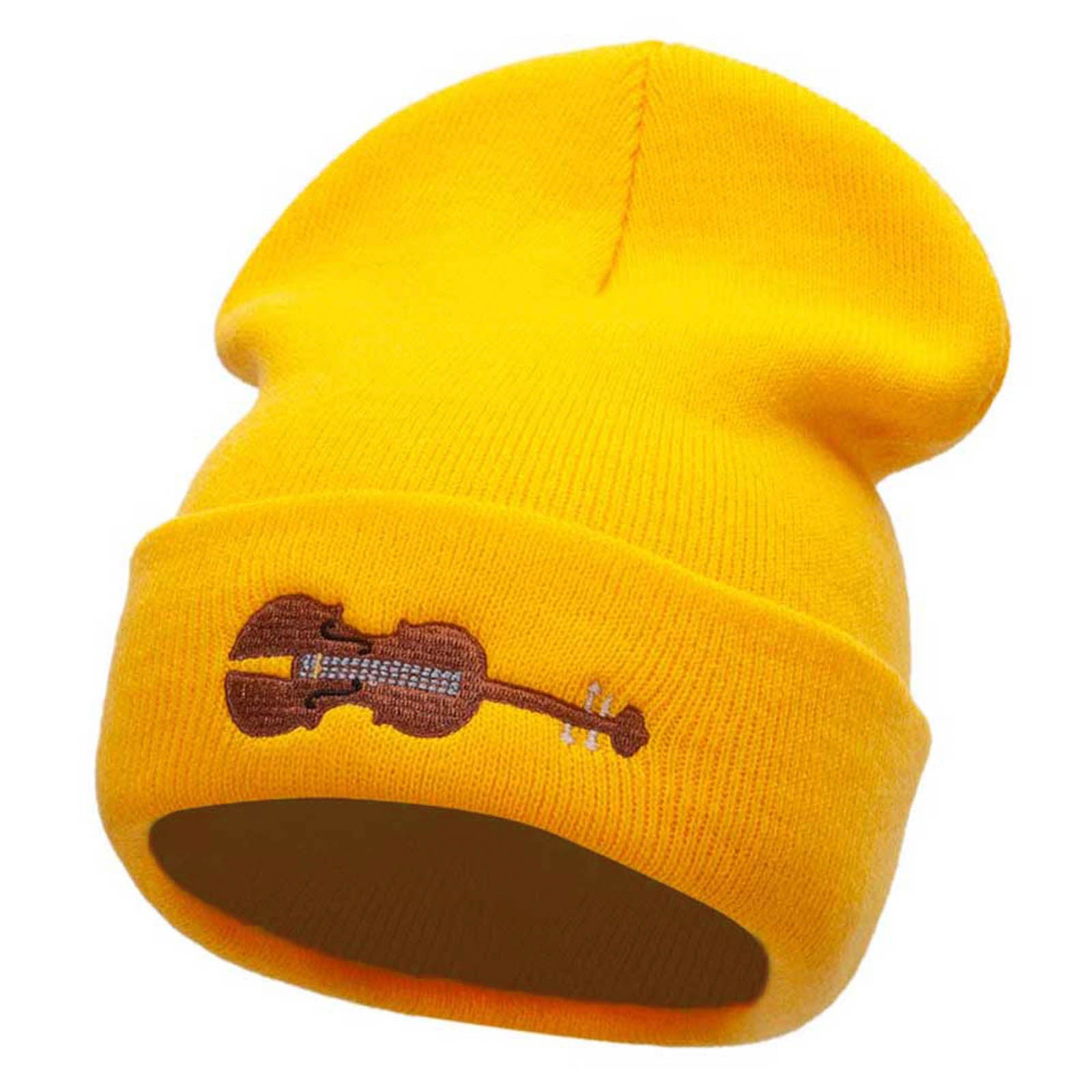Violin Embroidered 12 Inch Long Knitted Beanie - Yellow OSFM