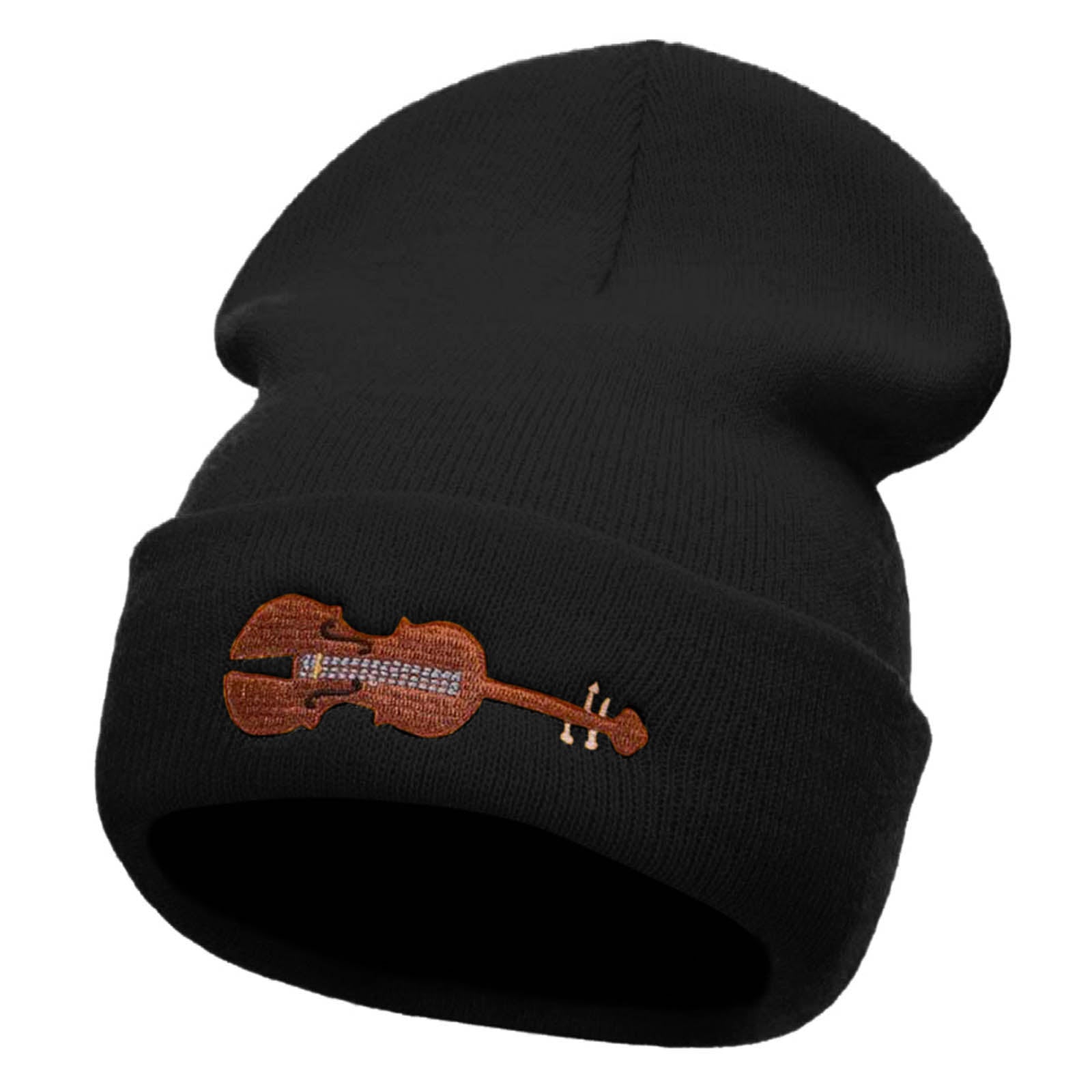 Violin Embroidered 12 Inch Long Knitted Beanie - Black OSFM