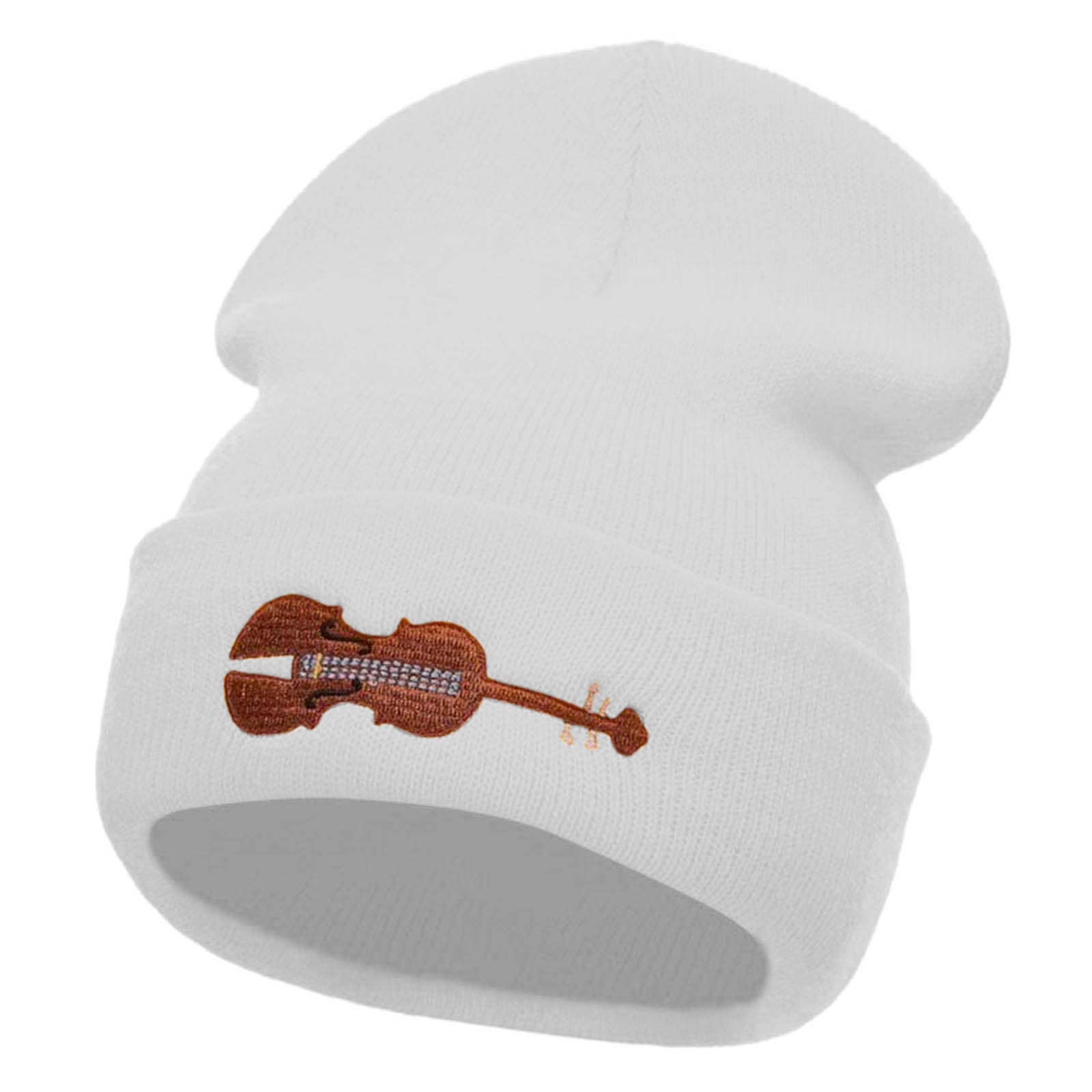 Violin Embroidered 12 Inch Long Knitted Beanie - White OSFM