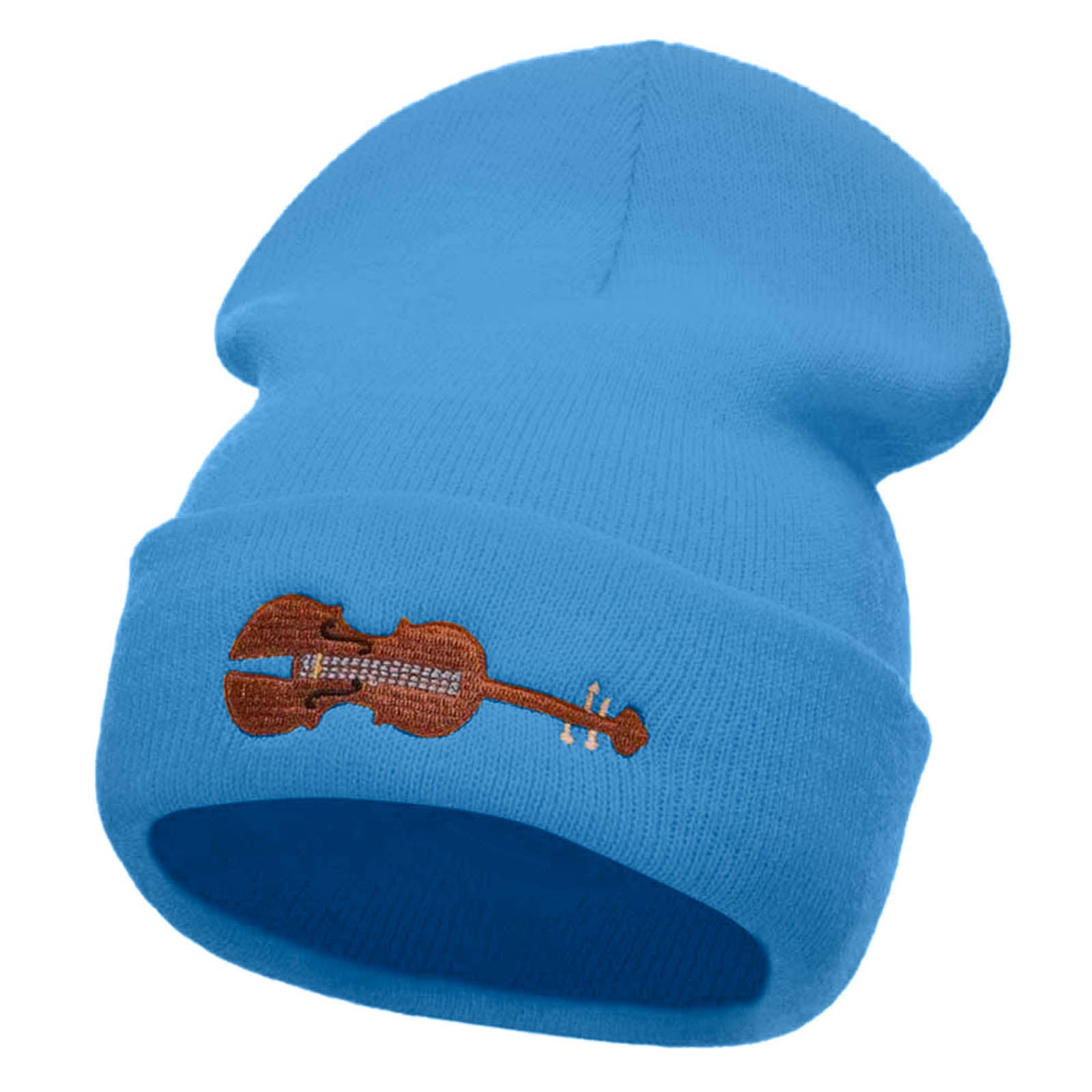 Violin Embroidered 12 Inch Long Knitted Beanie - Sky Blue OSFM