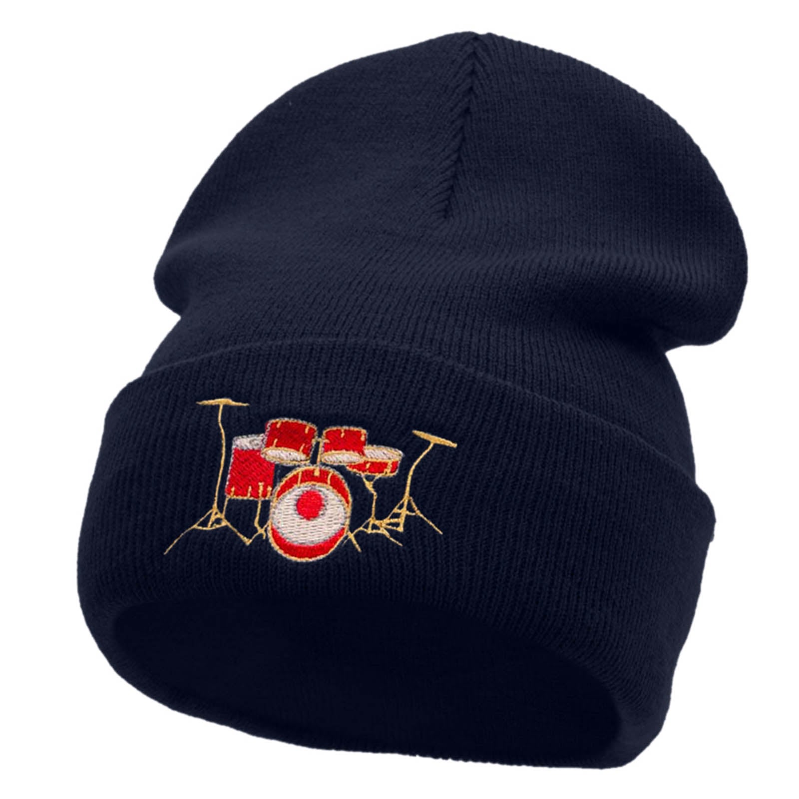 Drum Set Embroidered 12 Inch Long Knitted Beanie - Navy OSFM