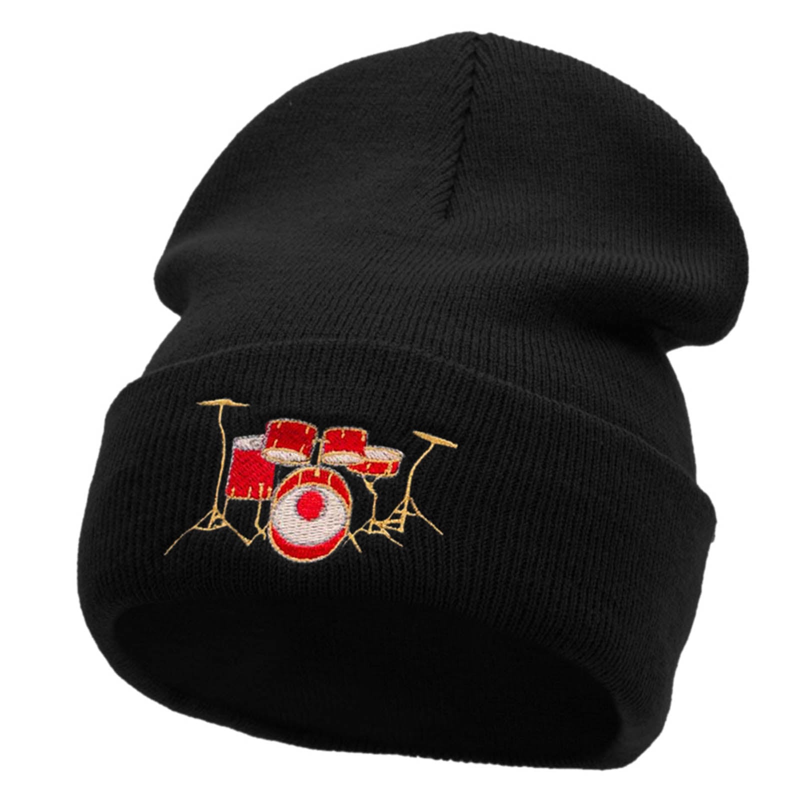 Drum Set Embroidered 12 Inch Long Knitted Beanie - Black OSFM
