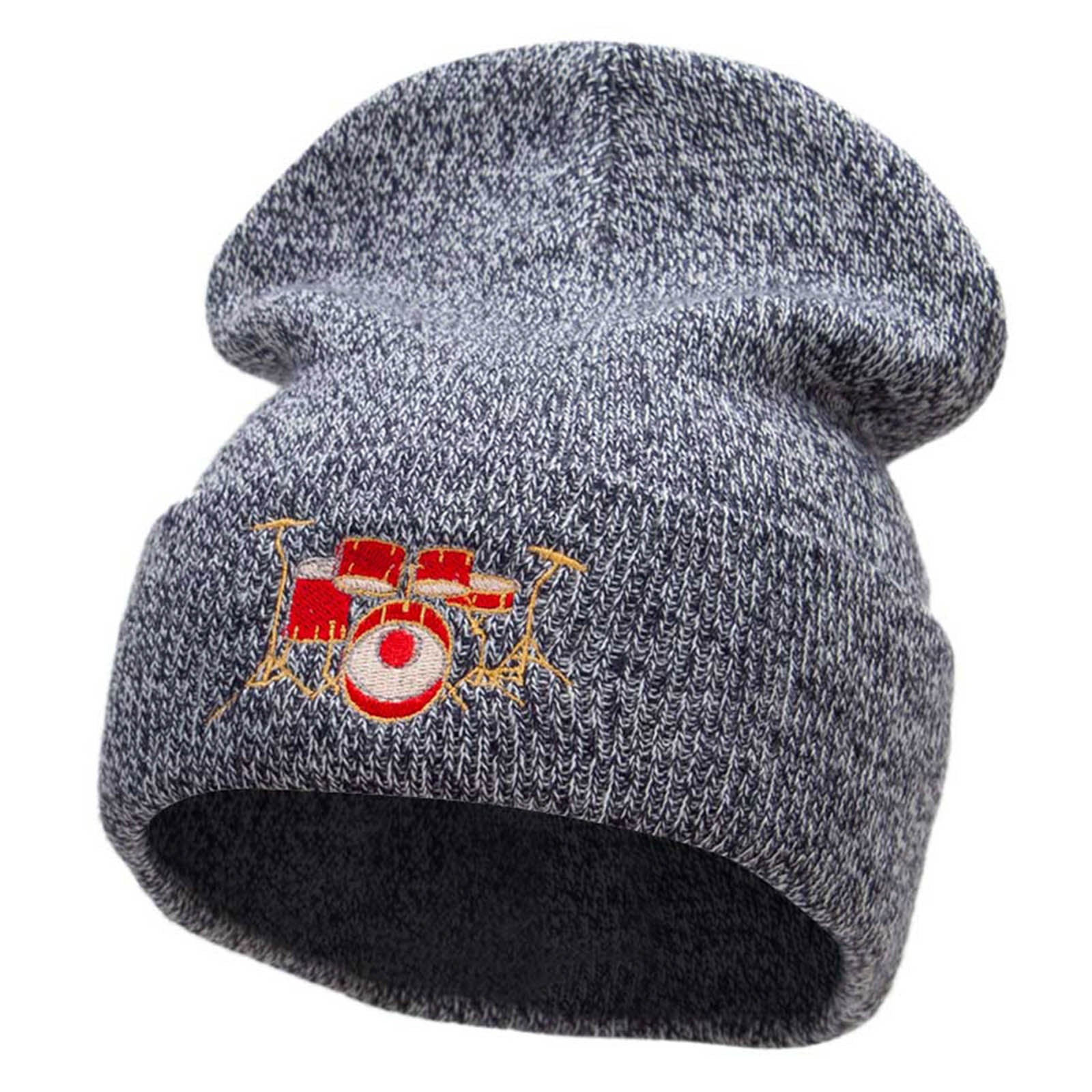 Drum Set Embroidered 12 Inch Long Knitted Beanie - Black Marled OSFM