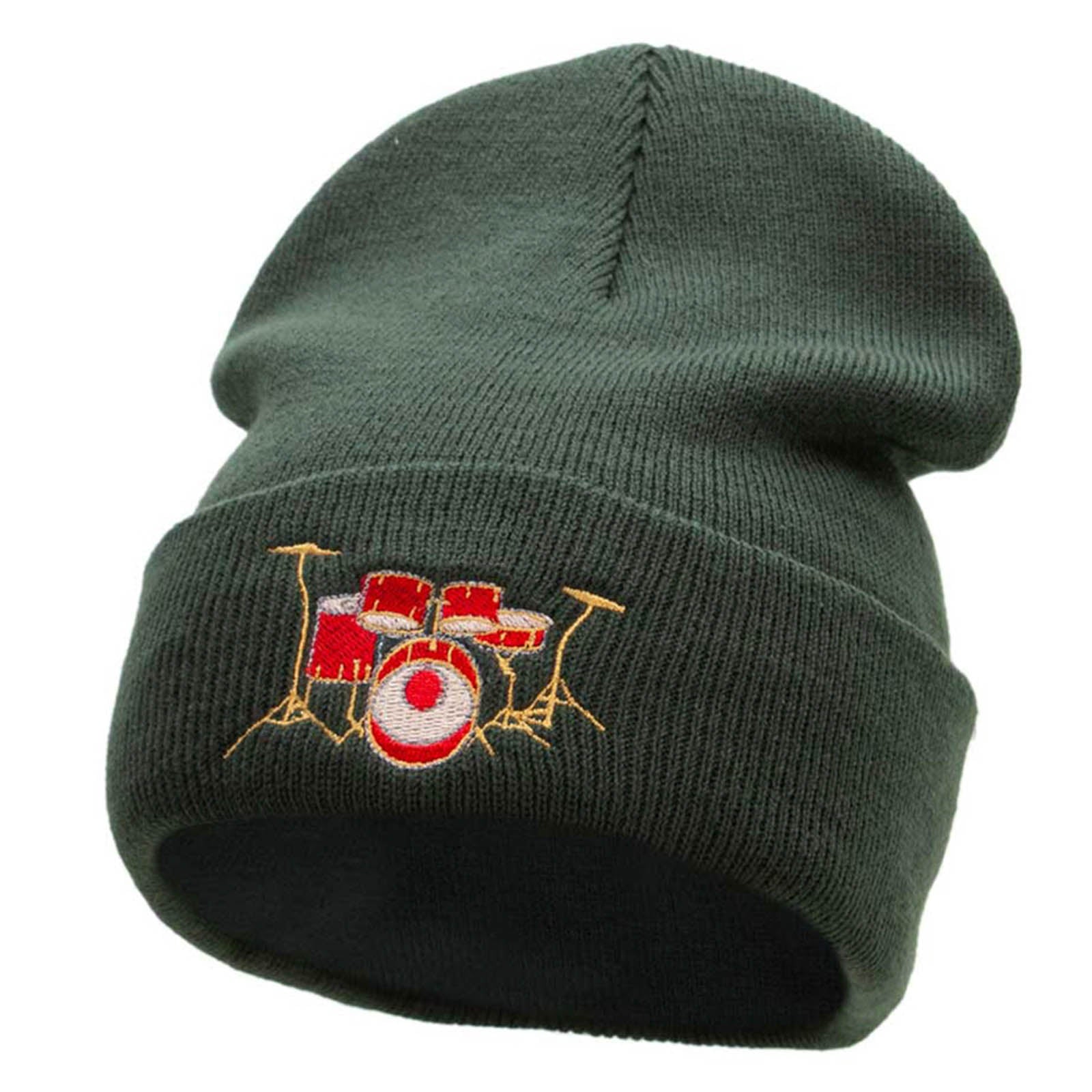 Drum Set Embroidered 12 Inch Long Knitted Beanie - Olive OSFM