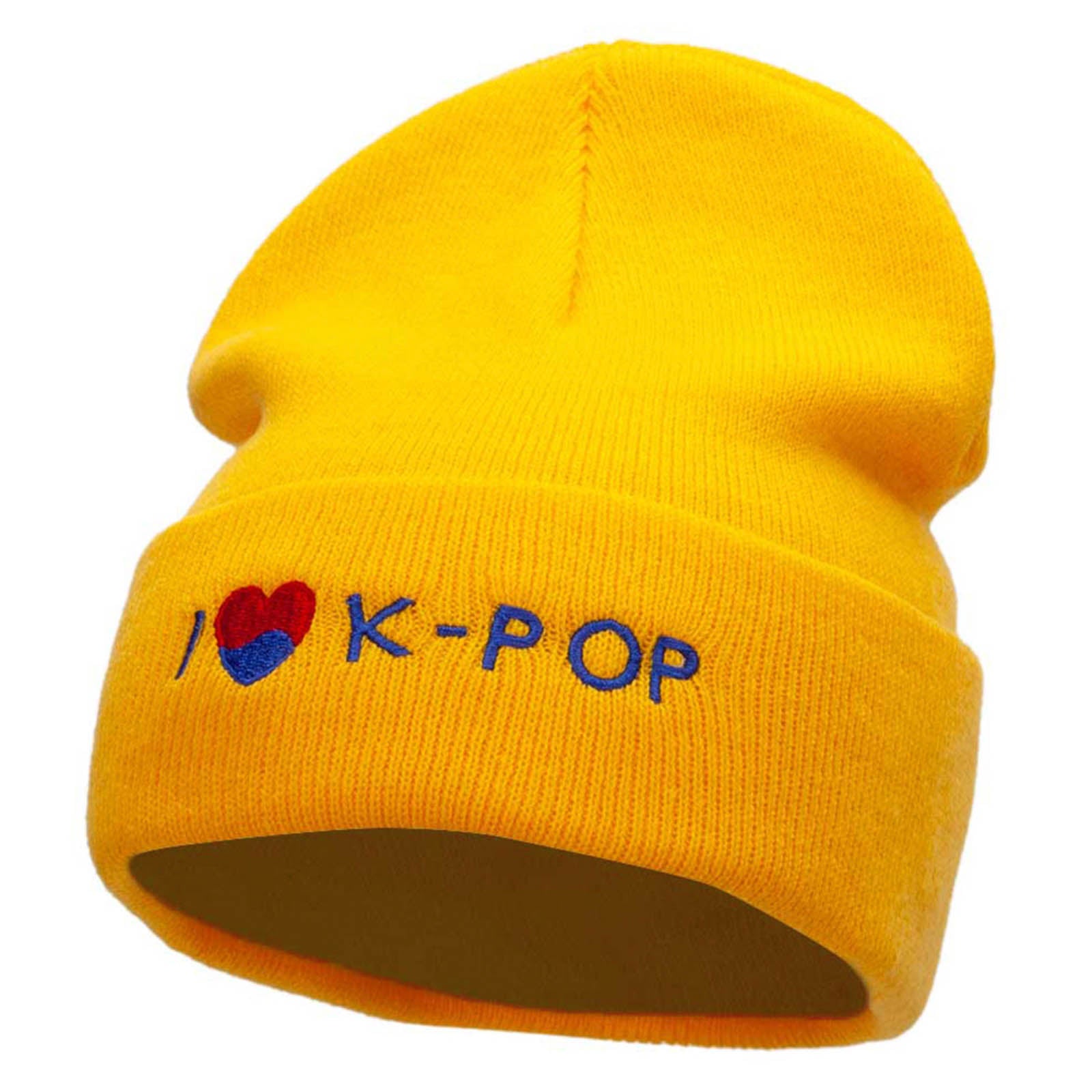 I Love K-Pop Embroidered 12 Inch Long Knitted Beanie - Yellow OSFM