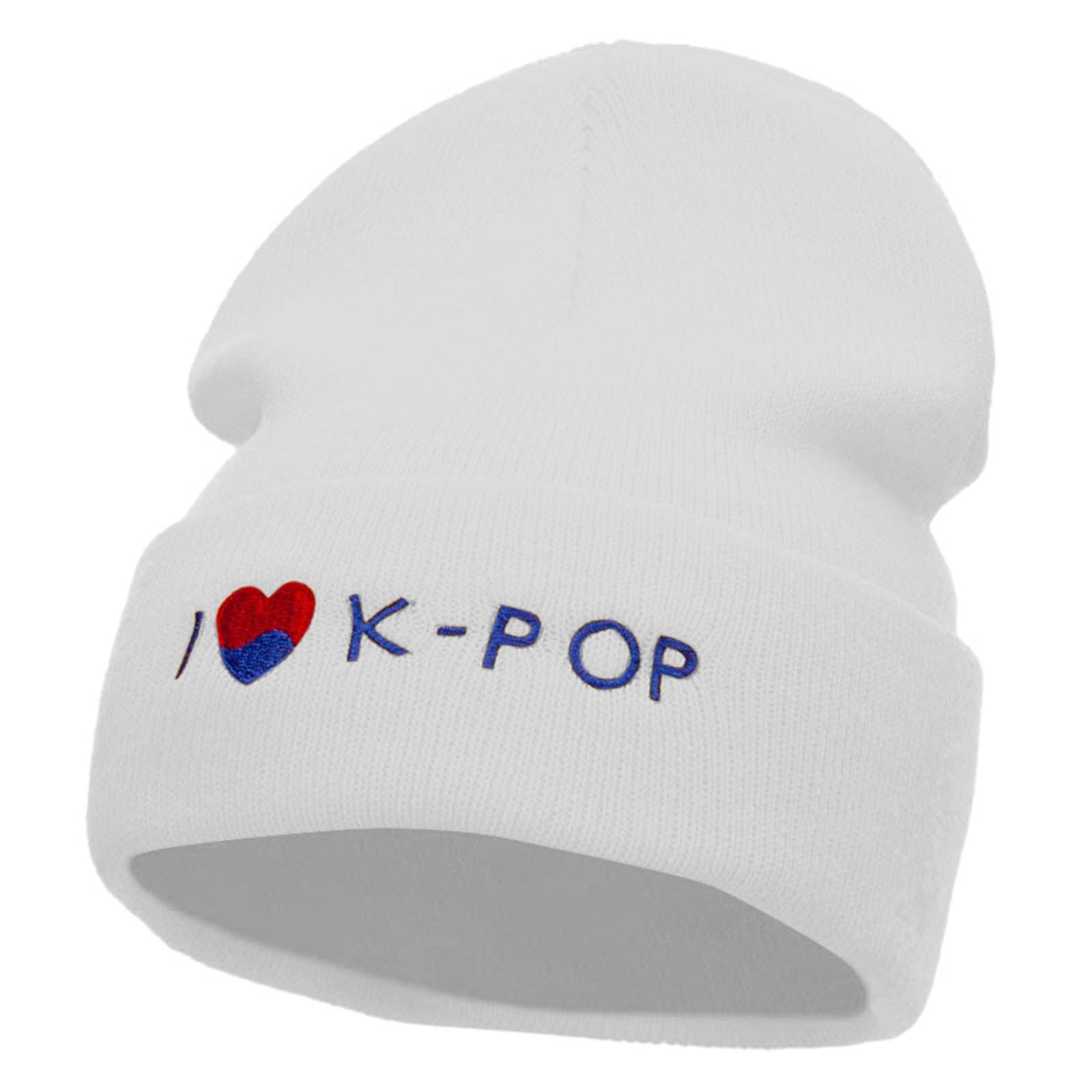 I Love K-Pop Embroidered 12 Inch Long Knitted Beanie - White OSFM