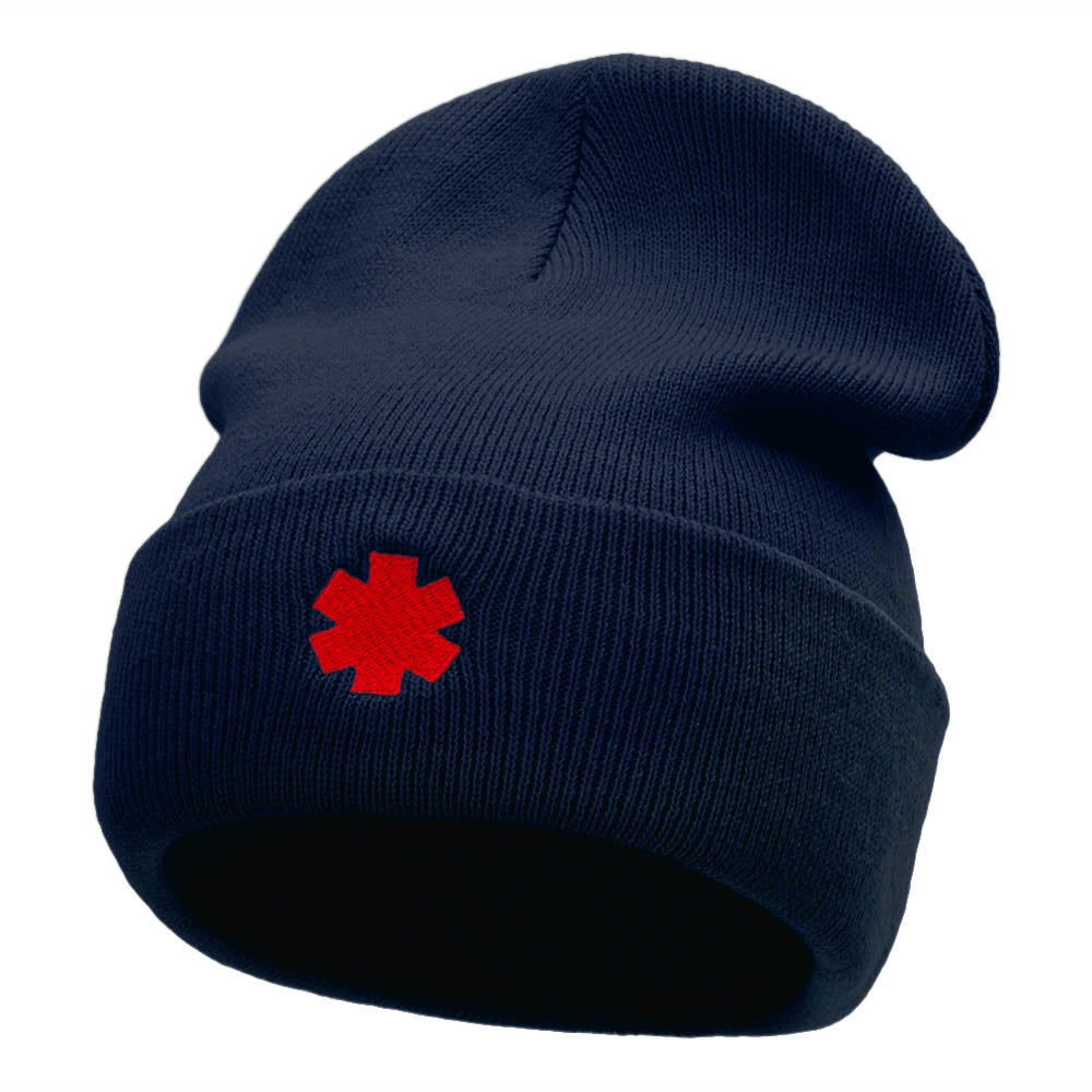 Medical Alert Symbol Embroidered 12 Inch Knitted Long Beanie - Navy OSFM
