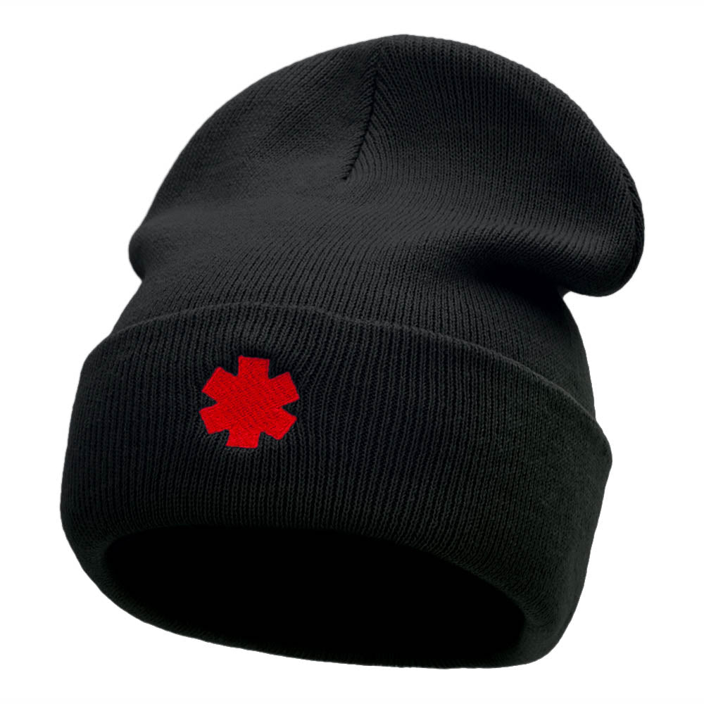 Medical Alert Symbol Embroidered 12 Inch Knitted Long Beanie - Black OSFM