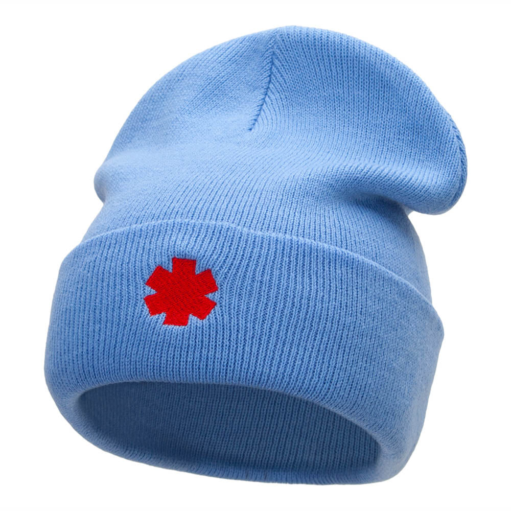 Medical Alert Symbol Embroidered 12 Inch Knitted Long Beanie - Sky Blue OSFM