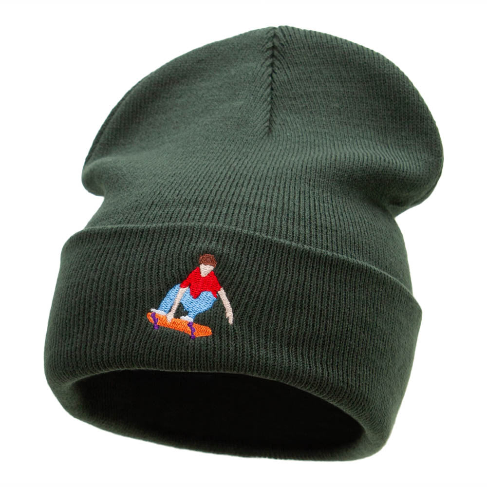 Skater Dude Embroidered 12 Inch Long Knitted Beanie - Olive OSFM
