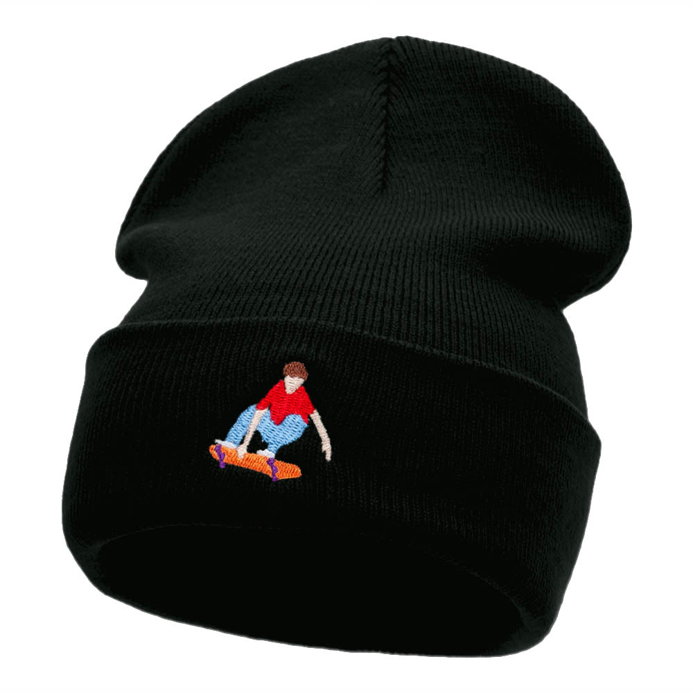 Skater Dude Embroidered 12 Inch Long Knitted Beanie - Black OSFM