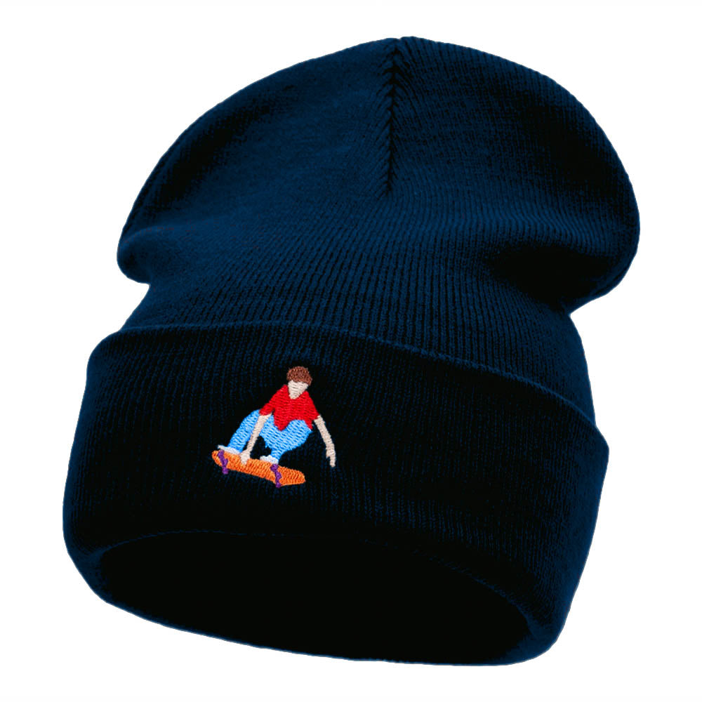 Skater Dude Embroidered 12 Inch Long Knitted Beanie - Navy OSFM