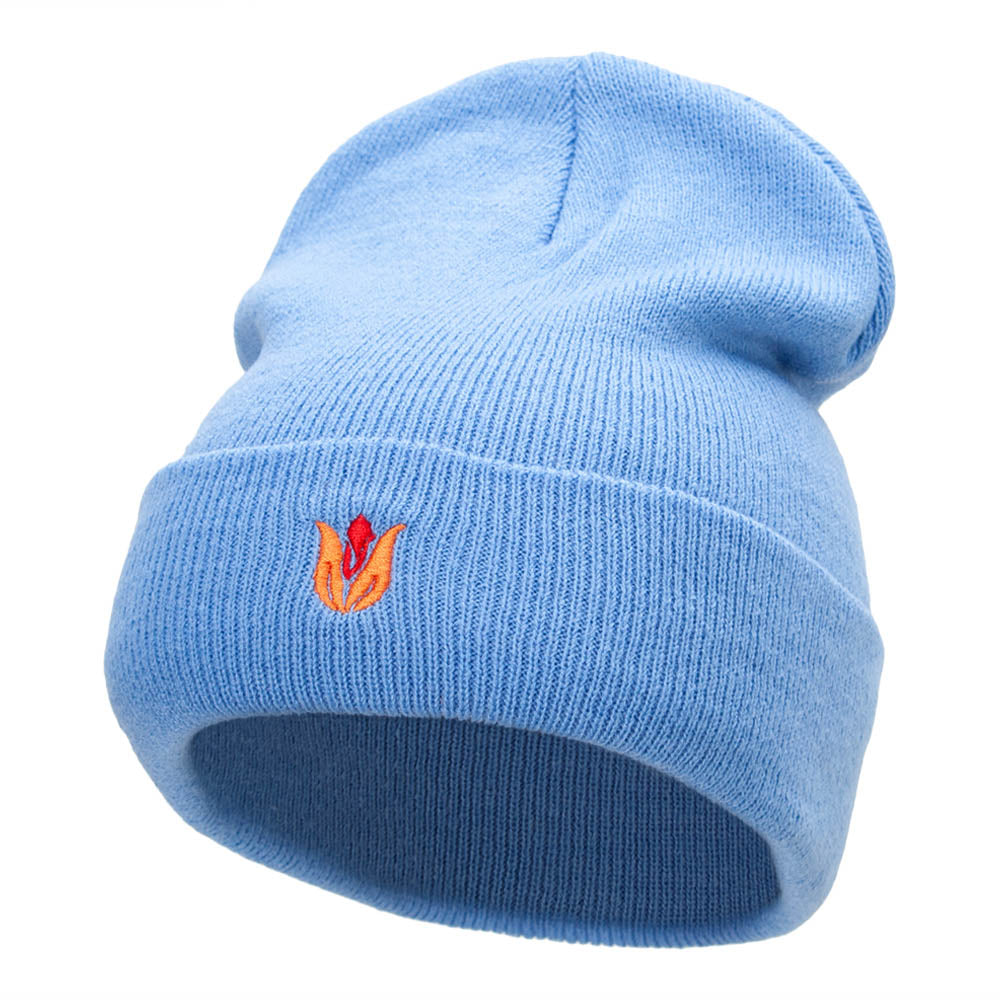 Tulip Flower Embroidered 12 Inch Knitted Long Beanie - Sky Blue OSFM