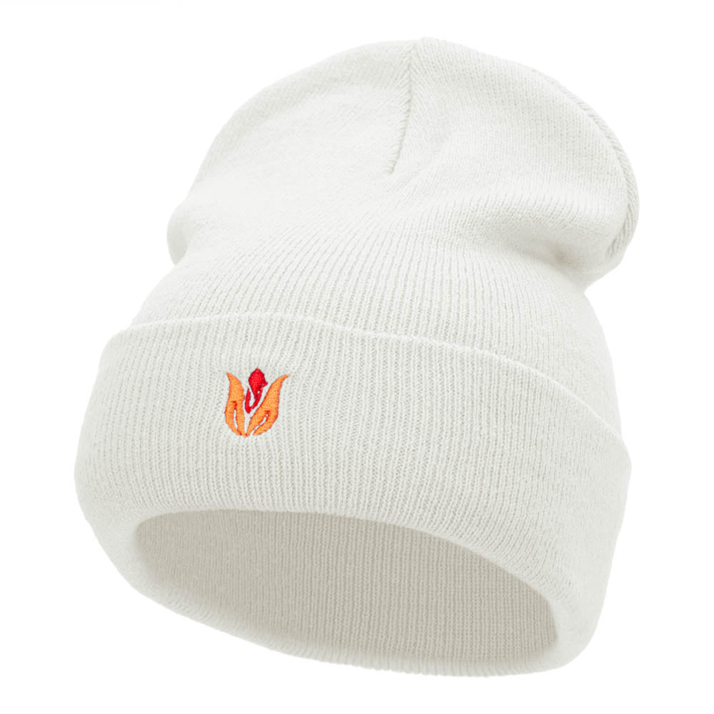 Tulip Flower Embroidered 12 Inch Knitted Long Beanie - White OSFM