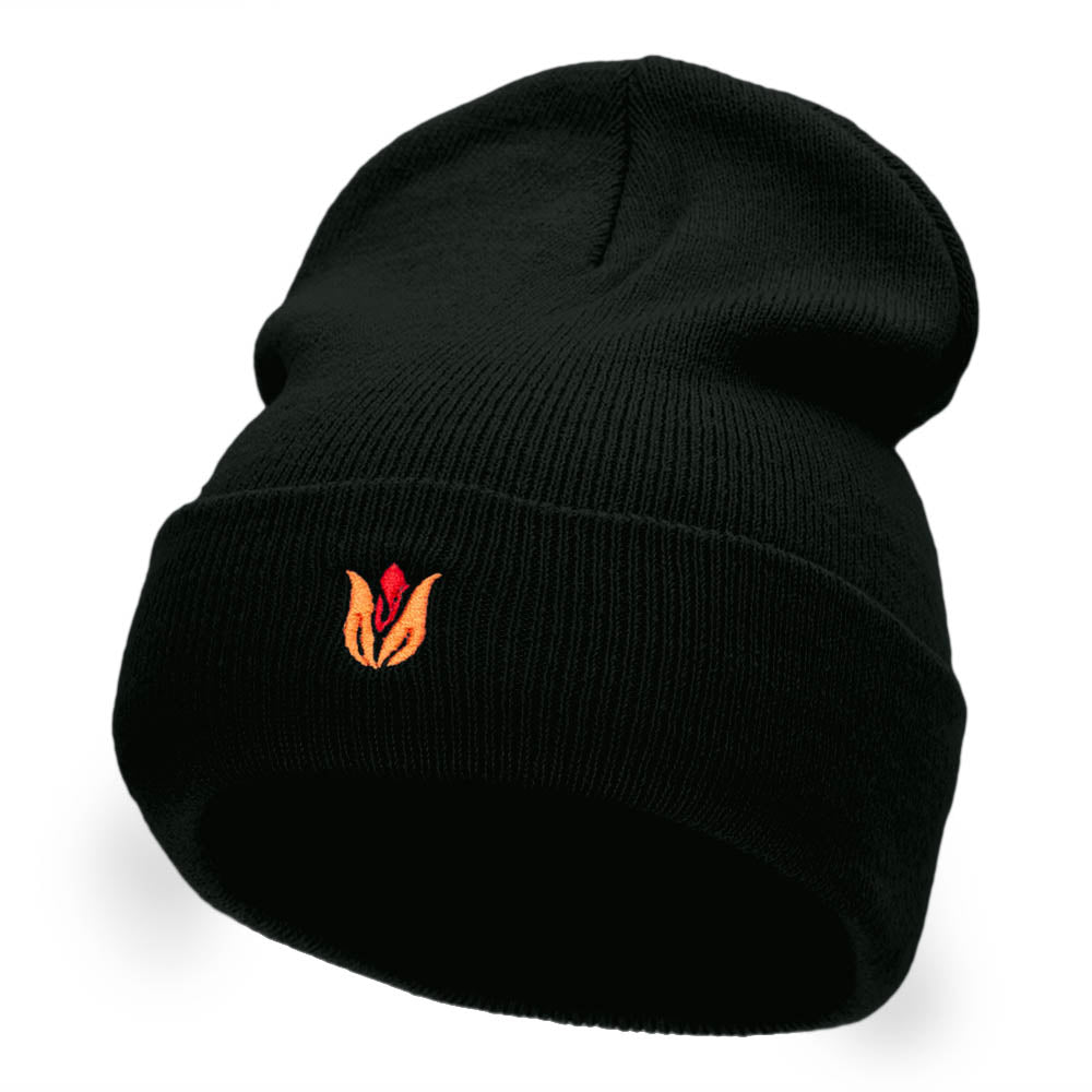 Tulip Flower Embroidered 12 Inch Knitted Long Beanie - Black OSFM