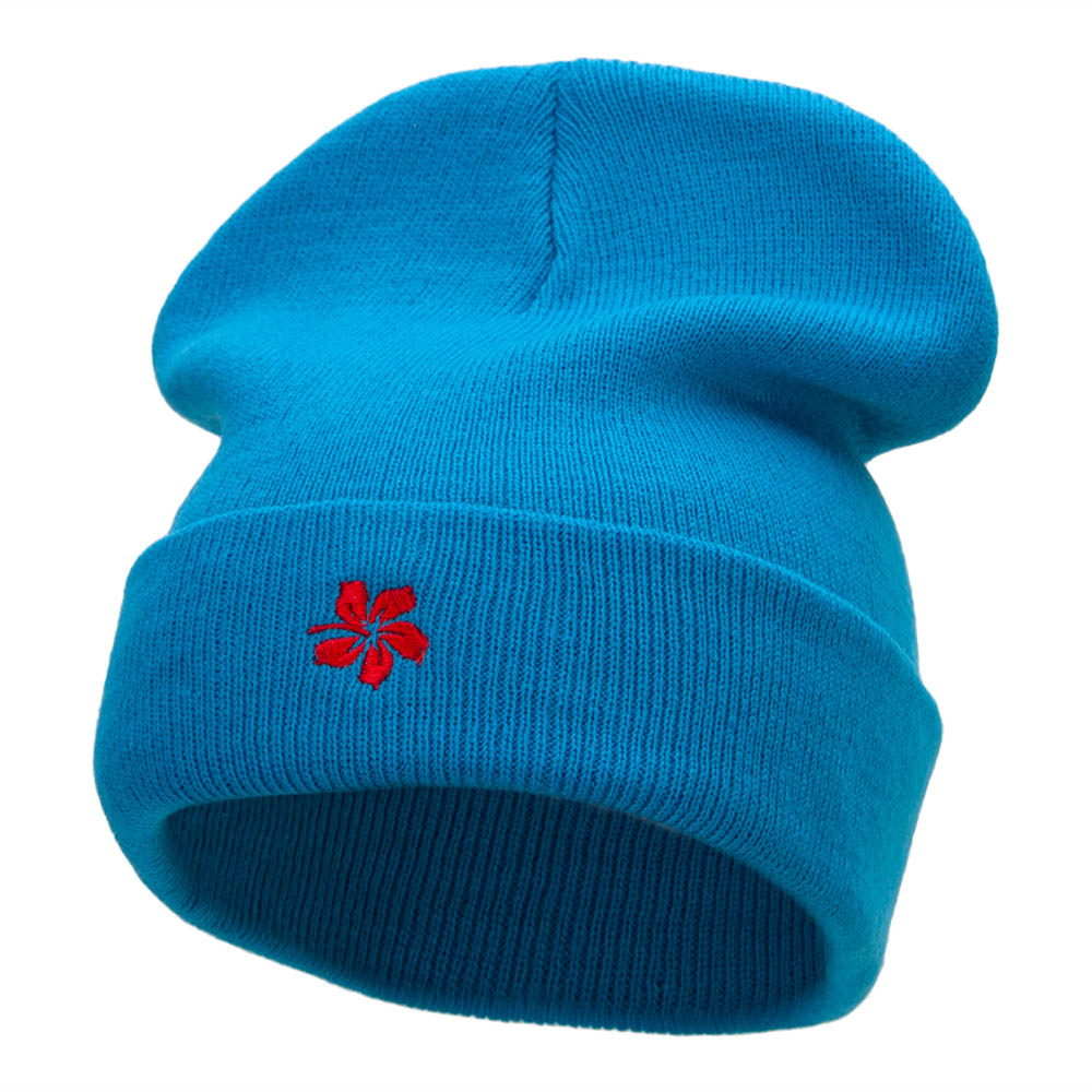 Hibiscus Flower Embroidered 12 Inch Long Knitted Beanie - Aqua OSFM